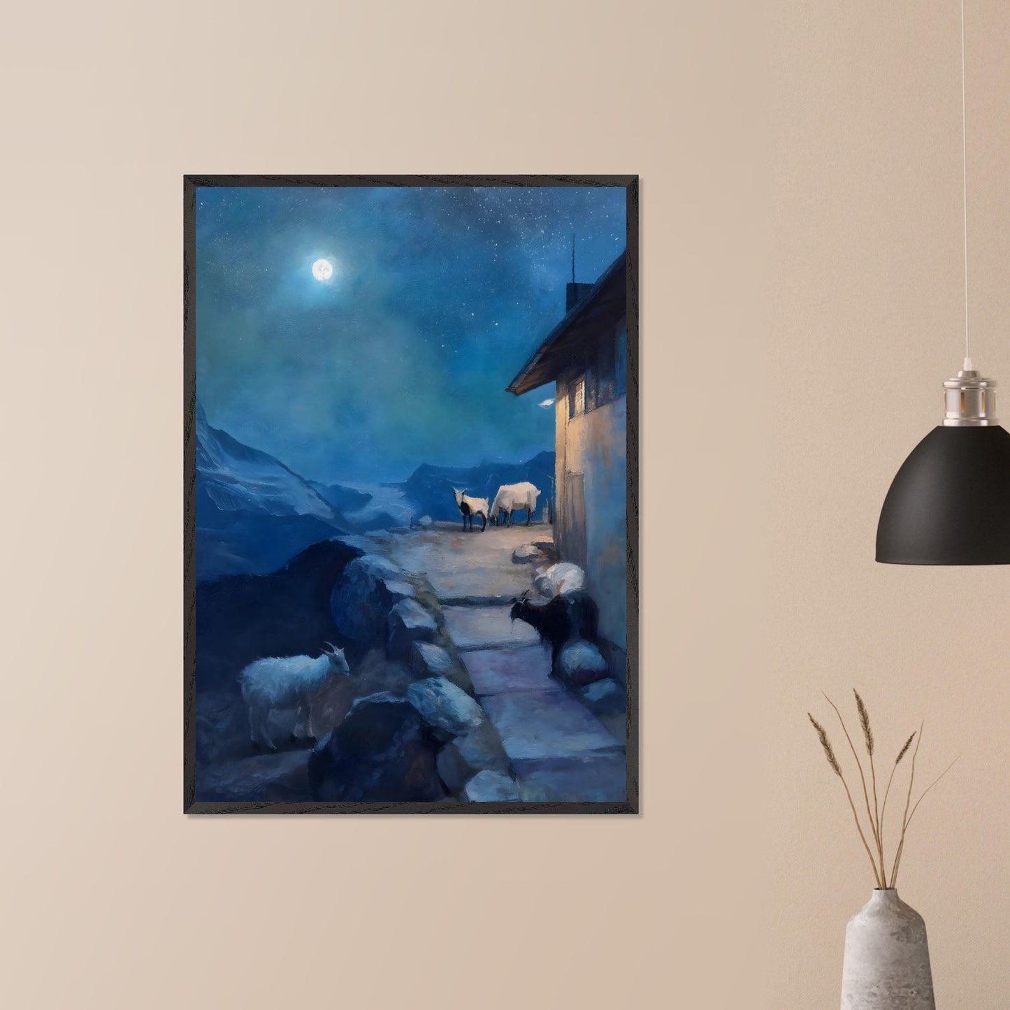 A full moon glows above a tranquil alpine scene, where goats linger quietly near a mountain hut. The sky shimmers with stars, the landscape wrapped in soft blues and shadows. There’s no rush here — only the deep breath of night.