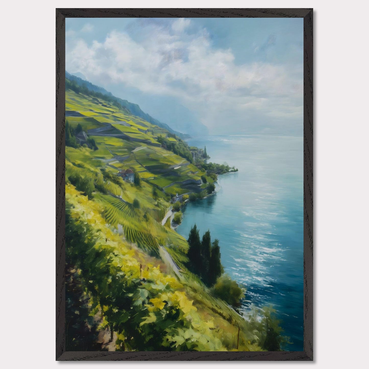 Terraced vines stretch along a quiet shore as morning mist lifts from the water. Blue tones dominate, cooled by wind. This image is a lakeside whisper, an ode to patience, form, and clarity.