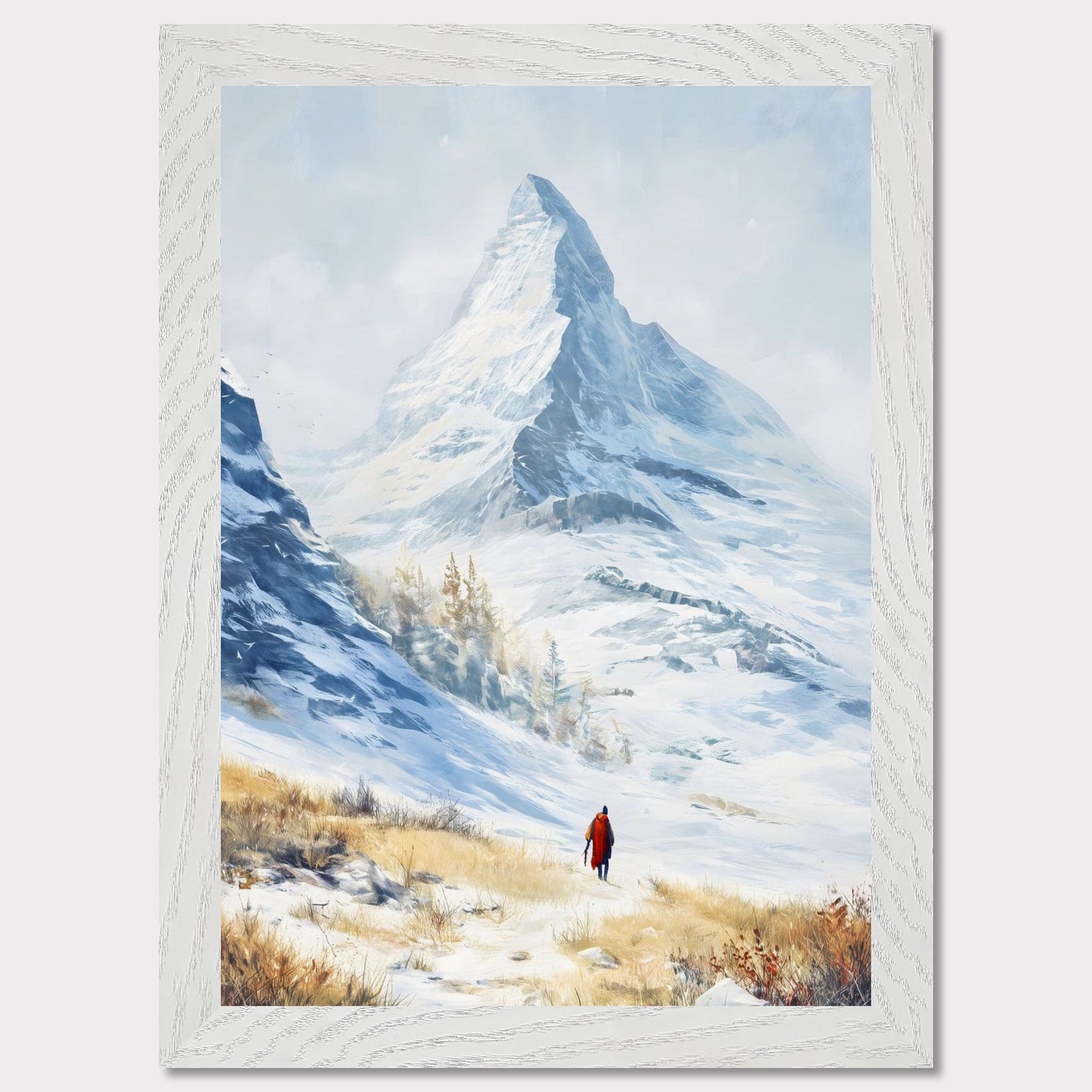 A solitary traveler in red walks toward a towering alpine peak, its icy edges kissed by winter sun. The snow-laced slope opens to a vast, crystalline silence, where motion feels reverent. This image captures the awe of ascent — a tribute to scale, solitude, and stillness.