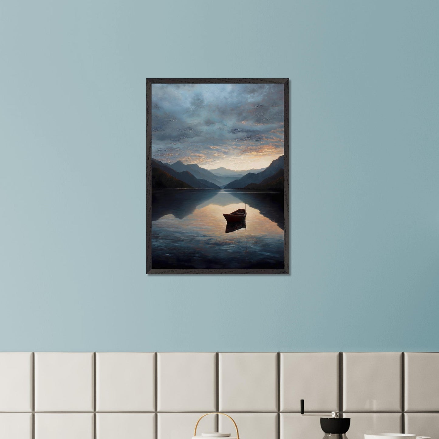 A single red boat floats gently on a vast, darkening lake as mountains fade into layered blues. The sunset brushes the clouds and water with soft amber and grey. A perfect study in stillness, solitude, and awe.