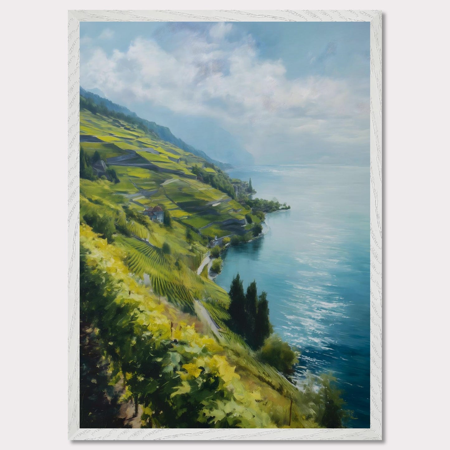 Terraced vines stretch along a quiet shore as morning mist lifts from the water. Blue tones dominate, cooled by wind. This image is a lakeside whisper, an ode to patience, form, and clarity.