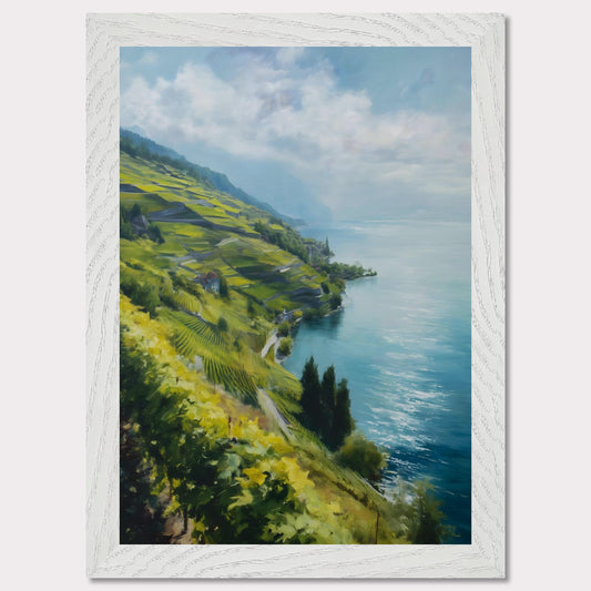 Terraced vines stretch along a quiet shore as morning mist lifts from the water. Blue tones dominate, cooled by wind. This image is a lakeside whisper, an ode to patience, form, and clarity.