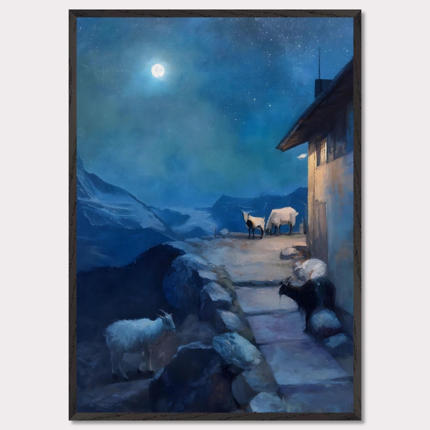 A full moon glows above a tranquil alpine scene, where goats linger quietly near a mountain hut. The sky shimmers with stars, the landscape wrapped in soft blues and shadows. There’s no rush here — only the deep breath of night.