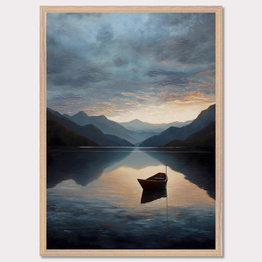 A single red boat floats gently on a vast, darkening lake as mountains fade into layered blues. The sunset brushes the clouds and water with soft amber and grey. A perfect study in stillness, solitude, and awe.