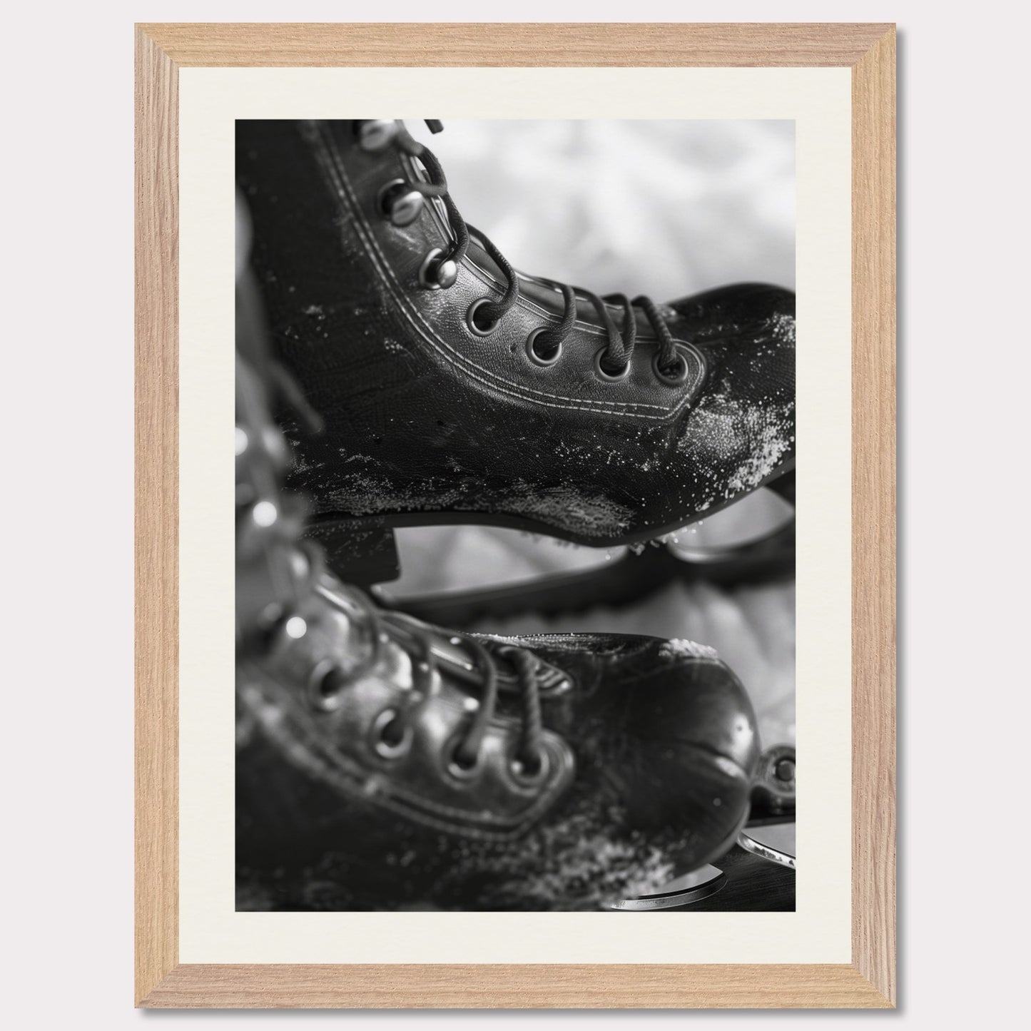 This illustration shows a close-up of a pair of ice skates with laces and blades, featuring a frosty texture. The black-and-white image captures the details of the skates, emphasizing their rugged and worn appearance.