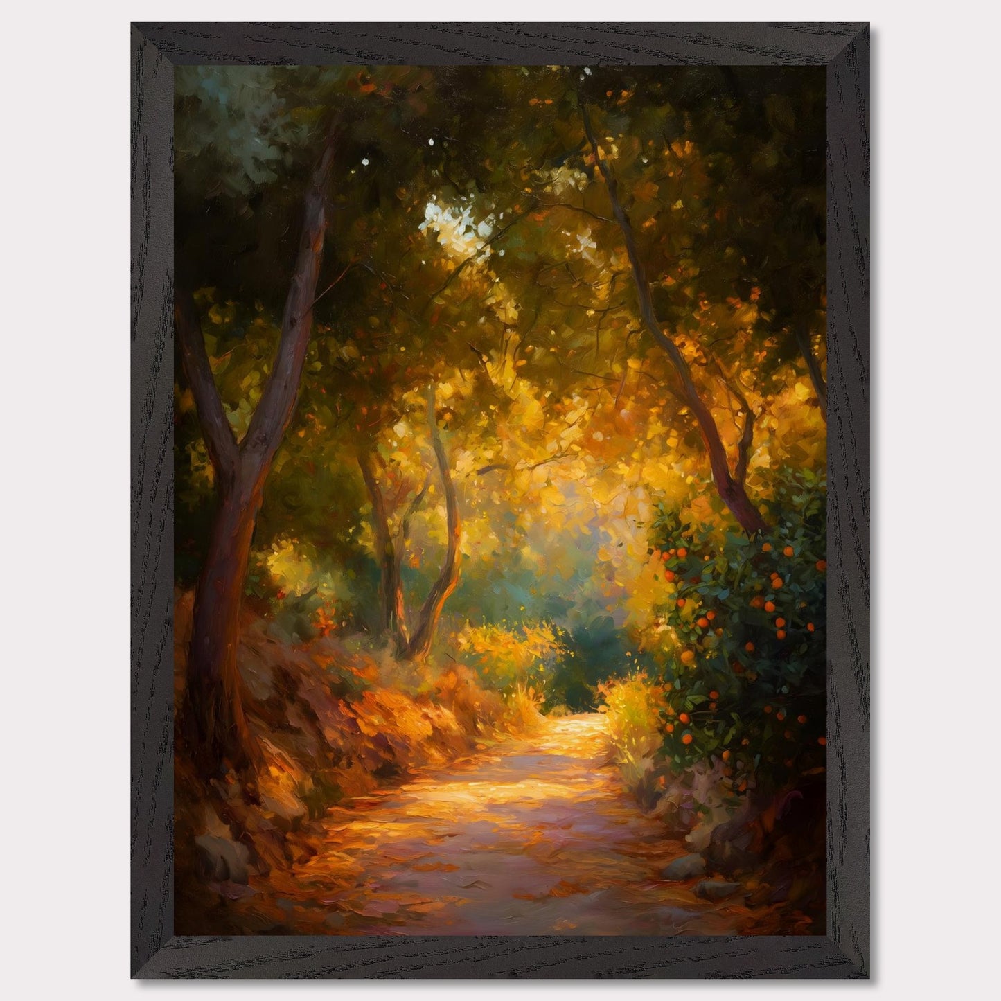 Golden leaves and oranges glow in a forested bend, where light pours through branches onto a dusty path. The trees seem to lean in to listen. This image is a slow walk, an ode to scent, light, and memory.