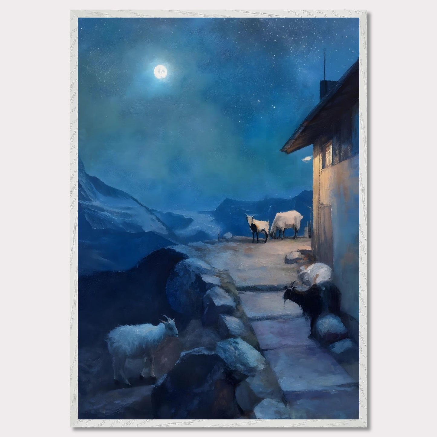 A full moon glows above a tranquil alpine scene, where goats linger quietly near a mountain hut. The sky shimmers with stars, the landscape wrapped in soft blues and shadows. There’s no rush here — only the deep breath of night.