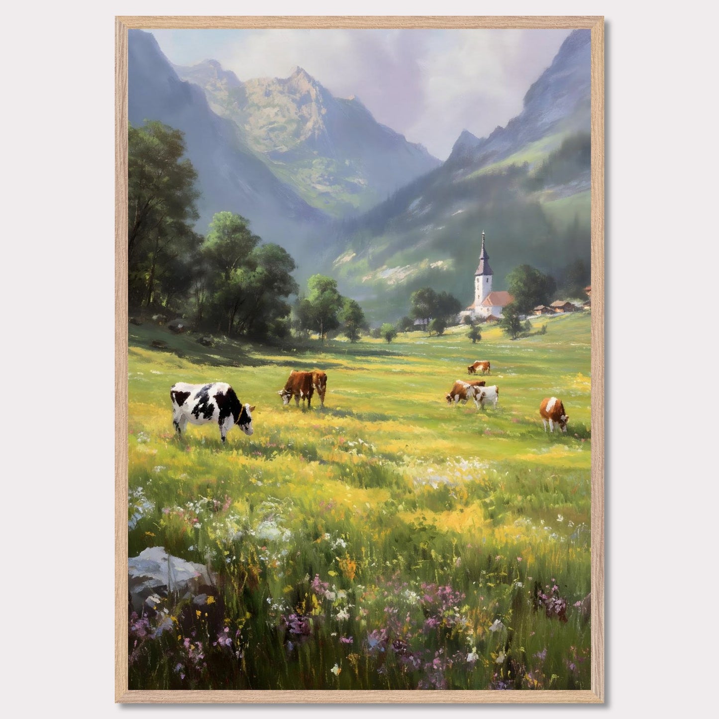 A bright valley bursts into life with cows scattered across wildflower meadows. Behind them, a quaint village church stands framed by alpine peaks. This scene is a celebration of slowness — of sun-warmed grass and steady breath.