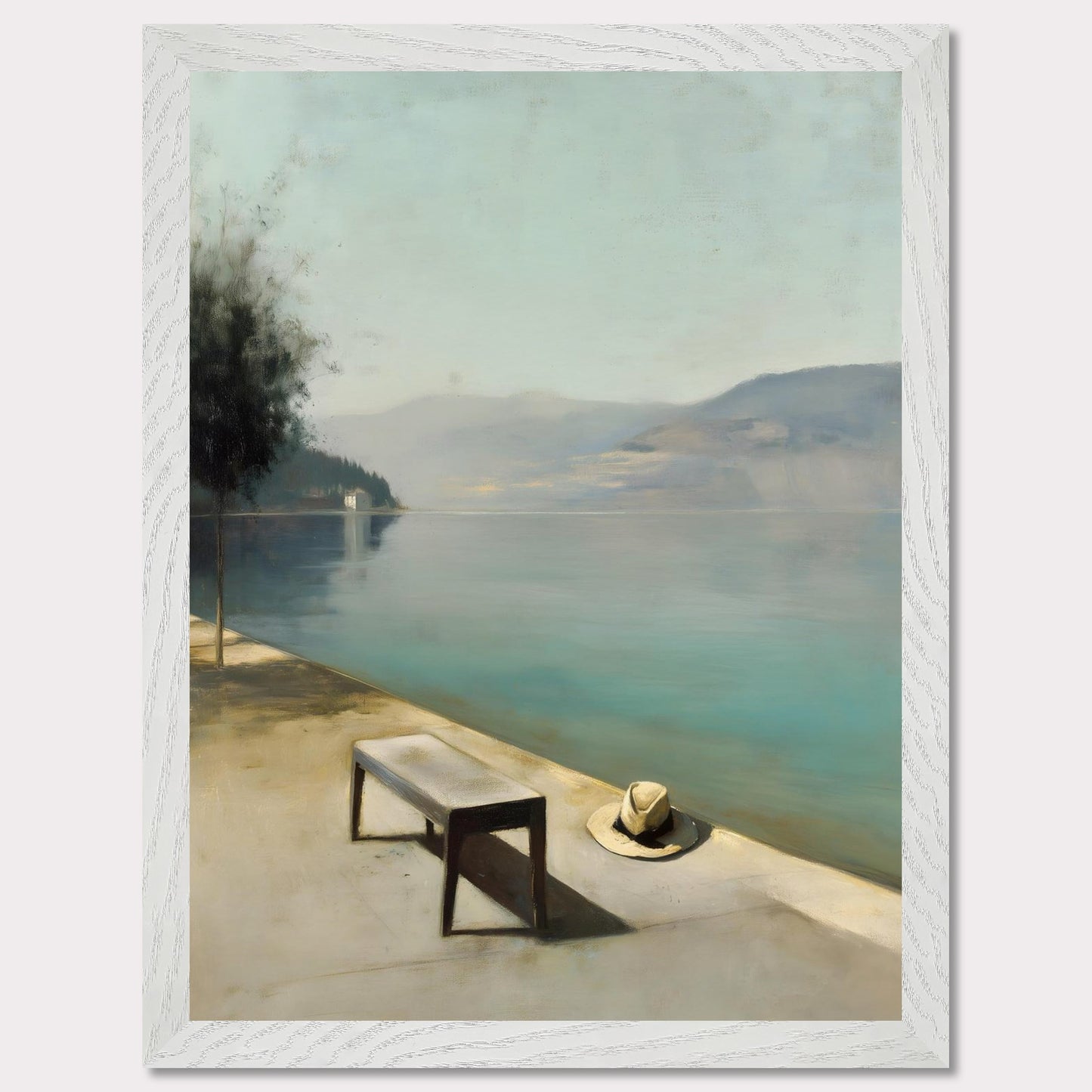A hat rests beside a bench, left behind or waiting. The water lies smooth as glass, fading into soft mountains and a pale, endless sky. Everything stands still — as if the world paused for breath.