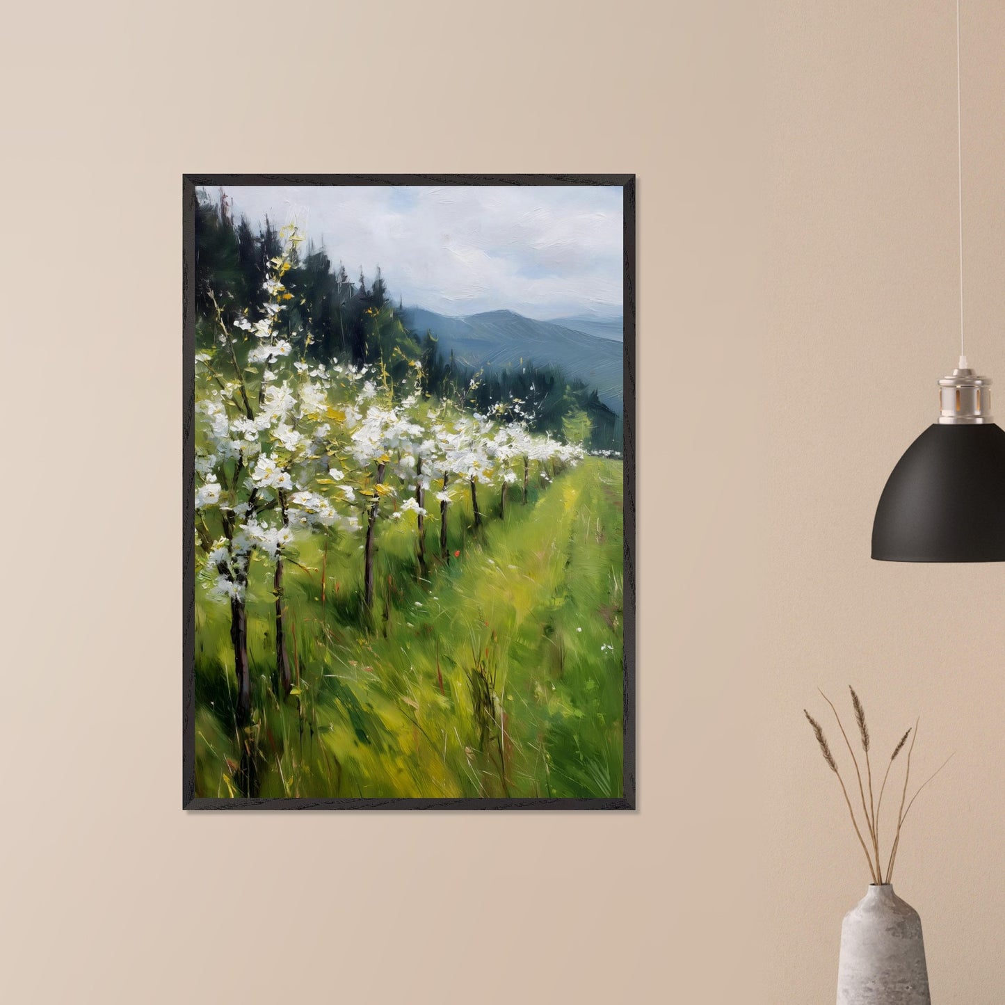 Blossoming trees line a sloped meadow, shining with spring energy. Their petals catch the light like snowflakes, while behind them rise forested hills and soft mountain silhouettes. The air feels fresh, alive, and full of renewal.