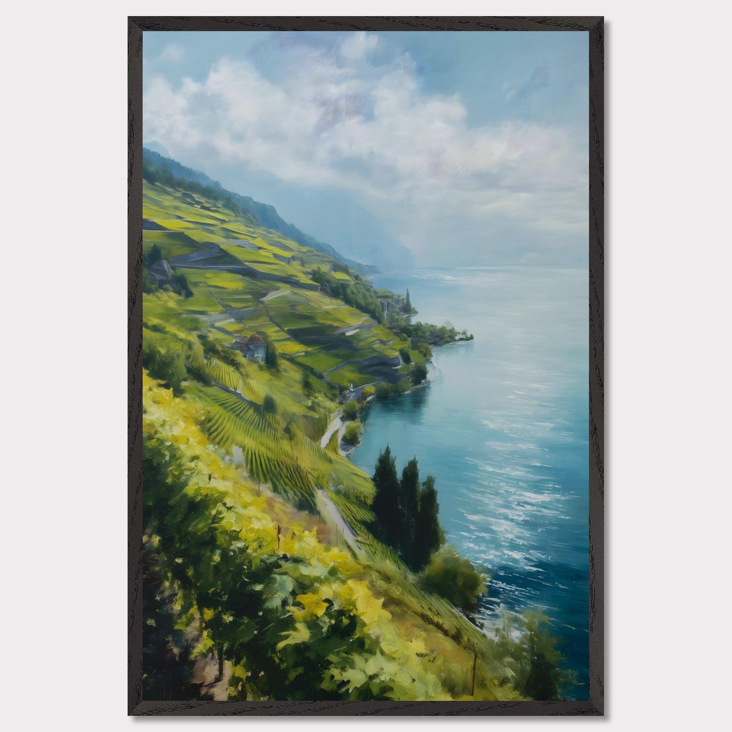 Terraced vines stretch along a quiet shore as morning mist lifts from the water. Blue tones dominate, cooled by wind. This image is a lakeside whisper, an ode to patience, form, and clarity.