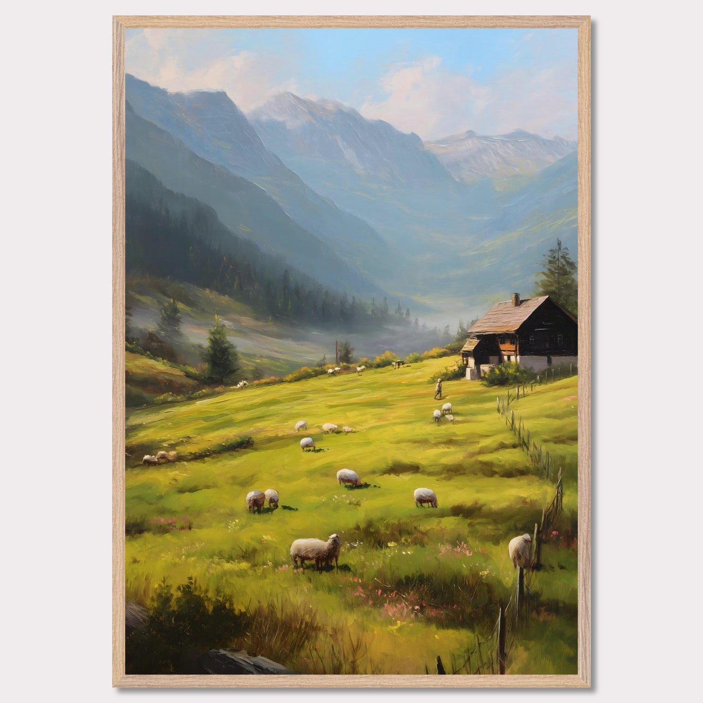 Golden morning light washes over rolling fields as sheep wander freely. A traditional alpine house stands quietly, facing the rising mist among distant peaks. This is the beginning of a calm, purposeful day in the heart of the Alps.