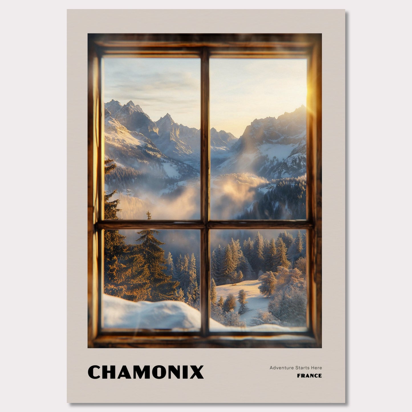 Poster titled 'CHAMONIX. Adventure Starts Here' from ArtDarts
