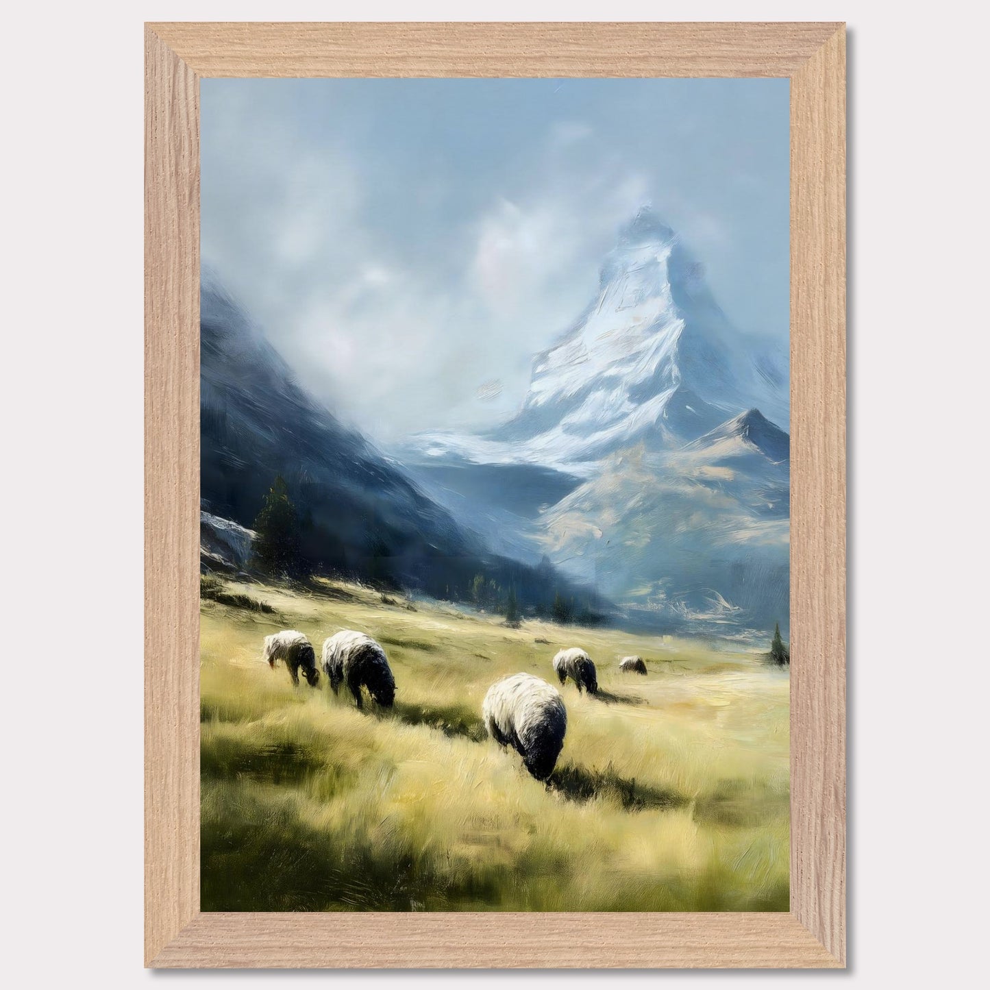 In the shadow of the Matterhorn, sheep graze peacefully on sunlit fields. This pastoral scene blends the grandeur of the Alps with the charm of rural life. The softness of the animals and golden grass contrasts beautifully with the snow-covered majesty above.