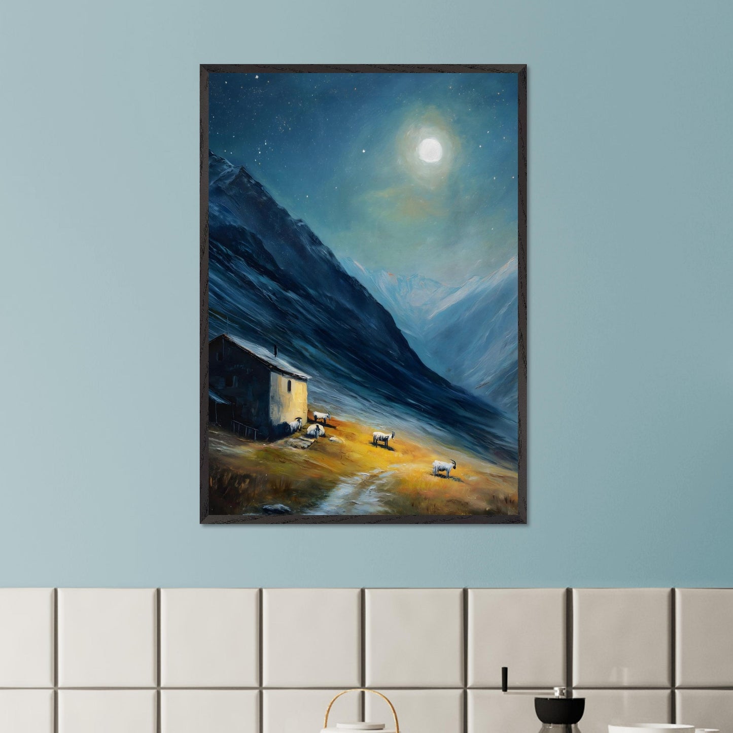 Nestled between dramatic cliffs, a single farmhouse glows under a sky heavy with storm and sun. The valley holds its breath — clouds swirl above while the earth remains grounded, golden, and still. This is a refuge at the edge of wildness.
