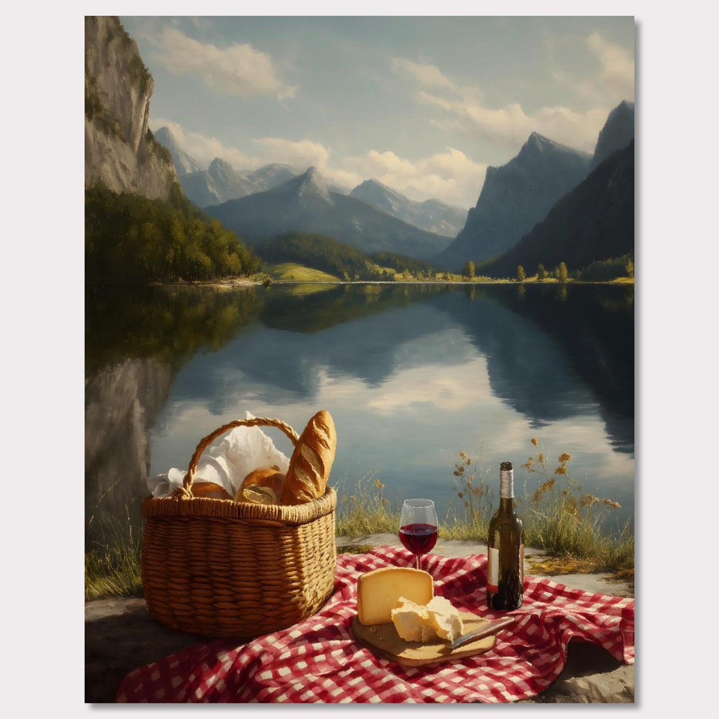 Not a ripple on the lake. The peaks and sky reflect with absolute clarity. A picnic waits untouched, surrounded by silence and stillness. This is more than a moment — it’s a meditation on presence, balance, and beauty.