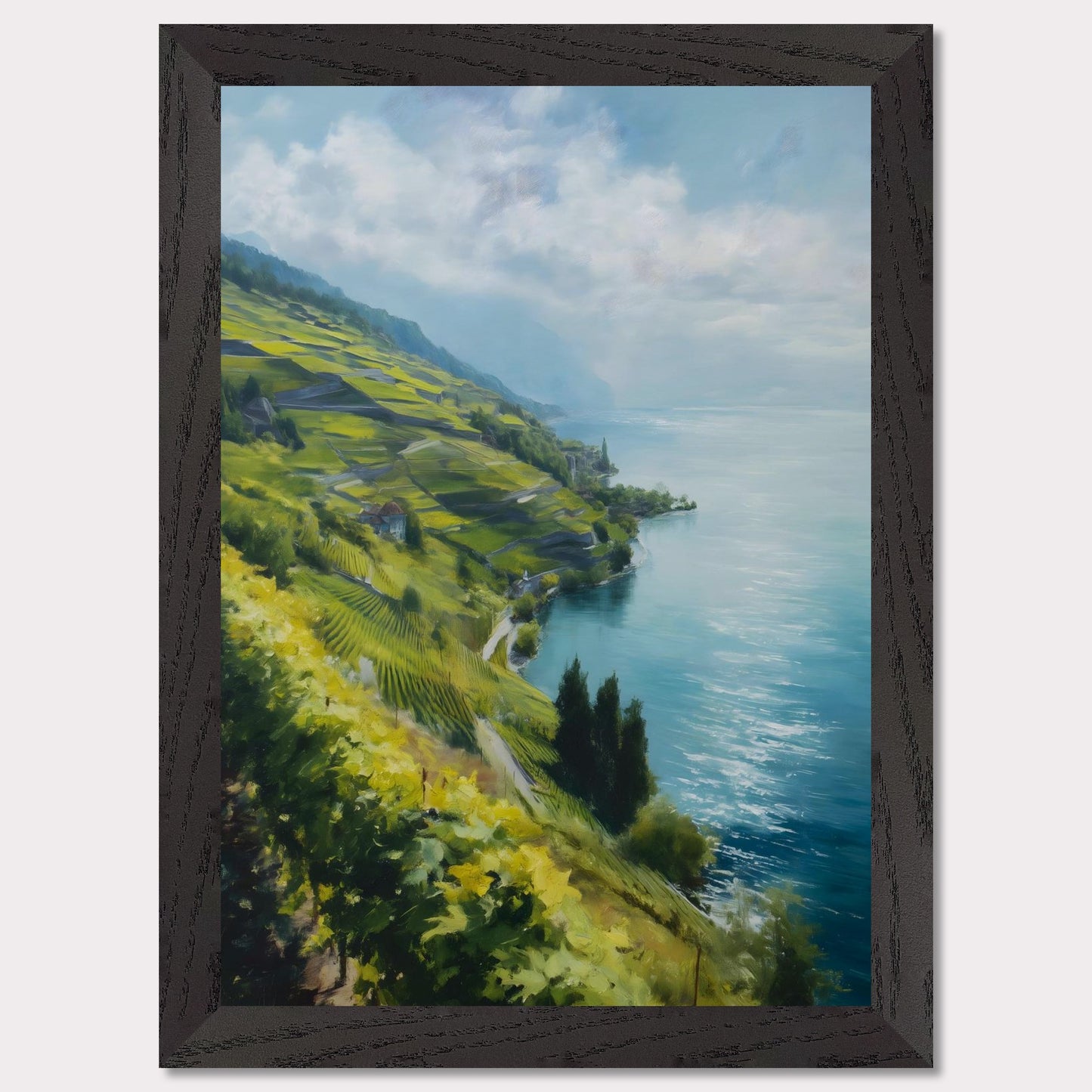 Terraced vines stretch along a quiet shore as morning mist lifts from the water. Blue tones dominate, cooled by wind. This image is a lakeside whisper, an ode to patience, form, and clarity.