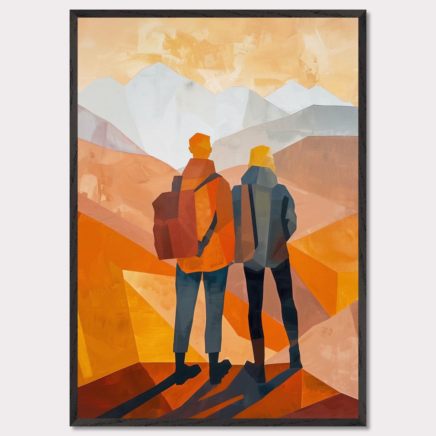 This illustration depicts two figures standing side by side, gazing at a mountainous landscape.
This poster would fit well in a living room, hallway, office, or any space that benefits from artistic and inspirational decor.