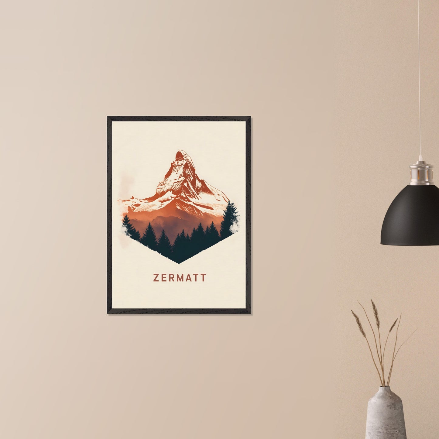 A scenic poster showcasing the breathtaking beauty of Zermatt’s Matterhorn. The rich, painterly textures and natural color palette evoke the serene yet powerful presence of the Alps.
