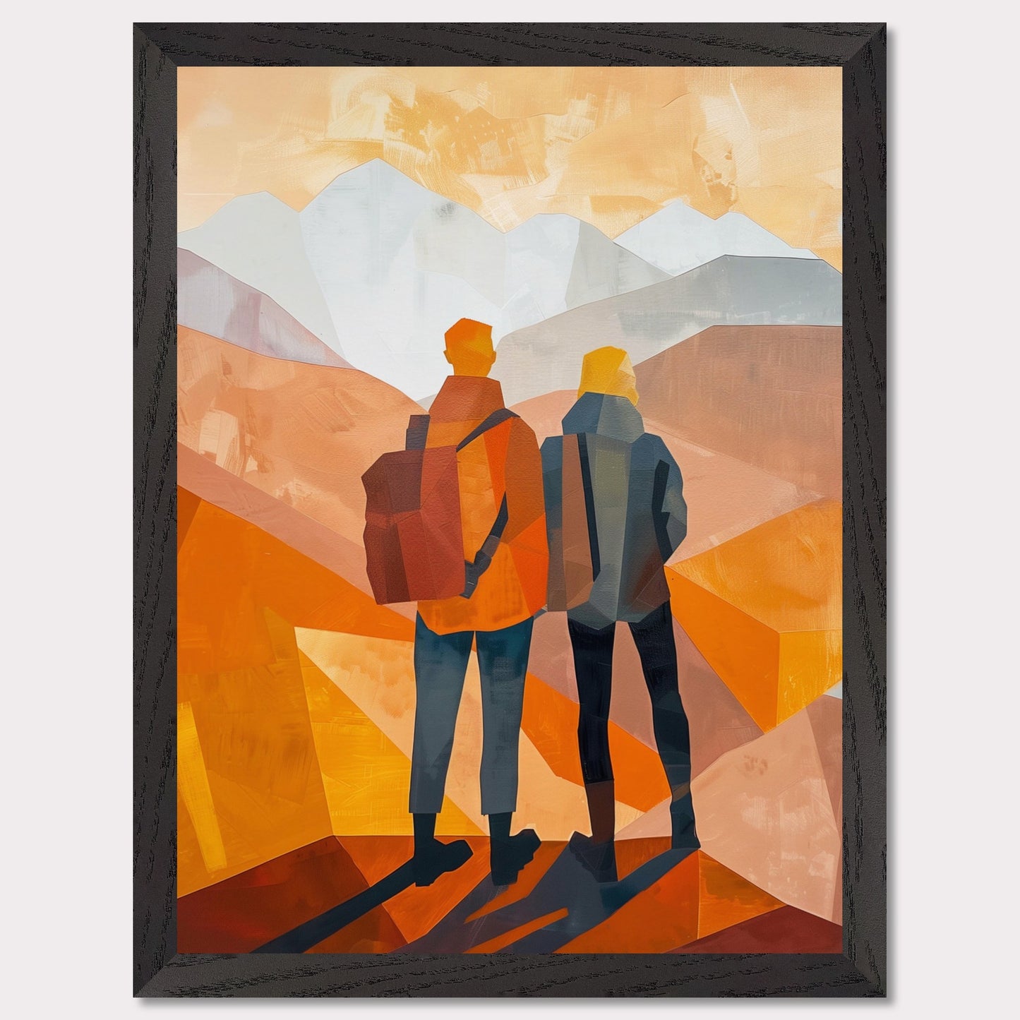 This illustration depicts two figures standing side by side, gazing at a mountainous landscape.
This poster would fit well in a living room, hallway, office, or any space that benefits from artistic and inspirational decor.