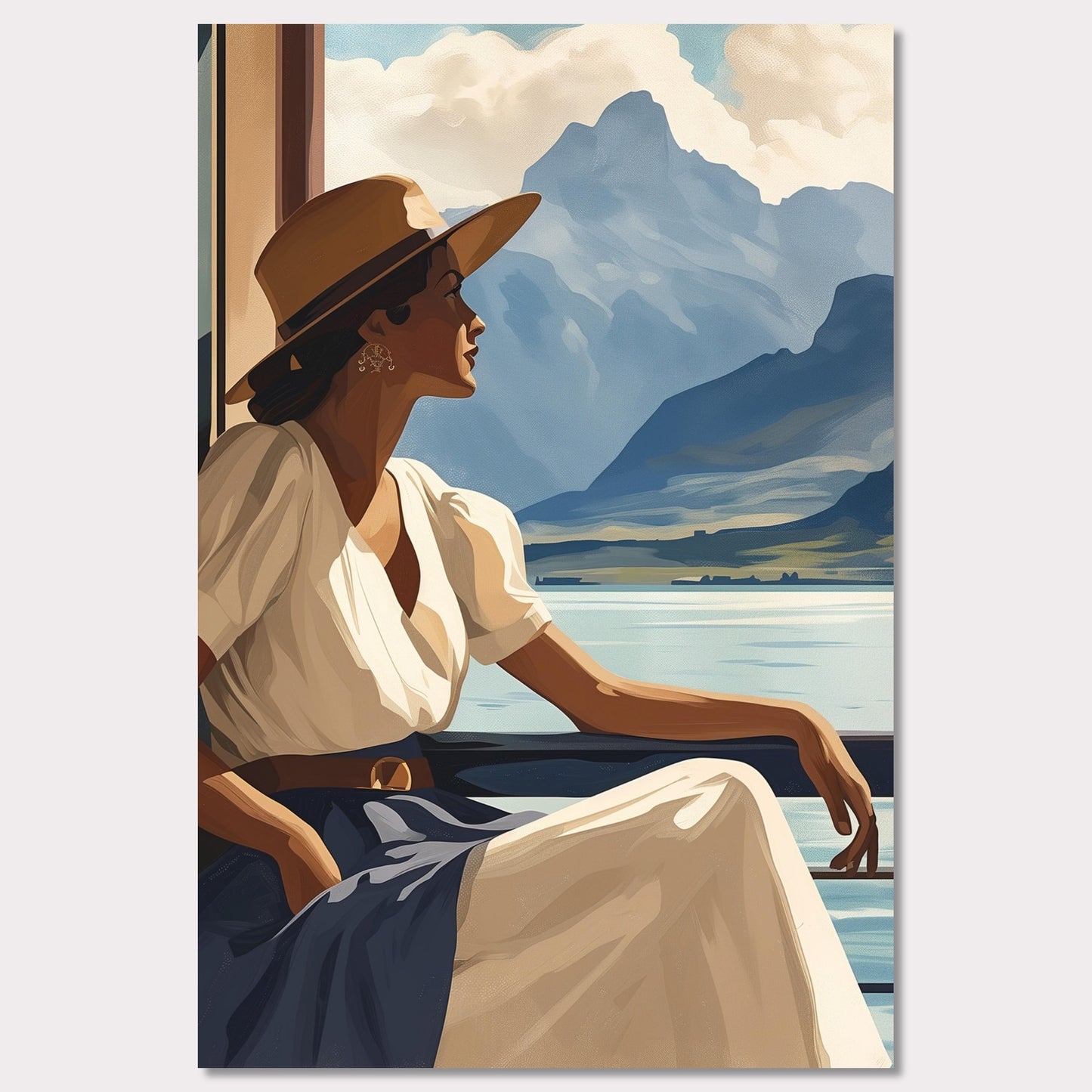Poster titled 'Girl near mountain water Poster' from ArtDarts