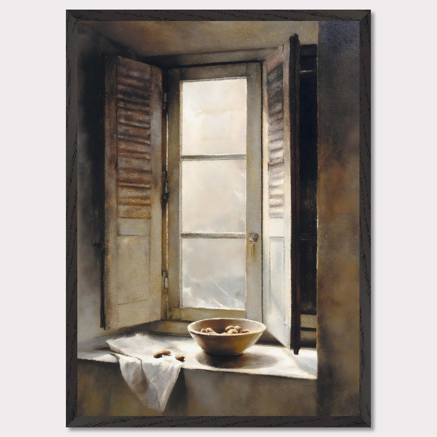 Golden light streams through an old shuttered window, catching the edge of a ceramic bowl filled with walnuts. A linen cloth rests gently nearby, suggesting quiet hands and slow mornings. This image is domestic poetry — a tribute to texture, stillness, and time.
