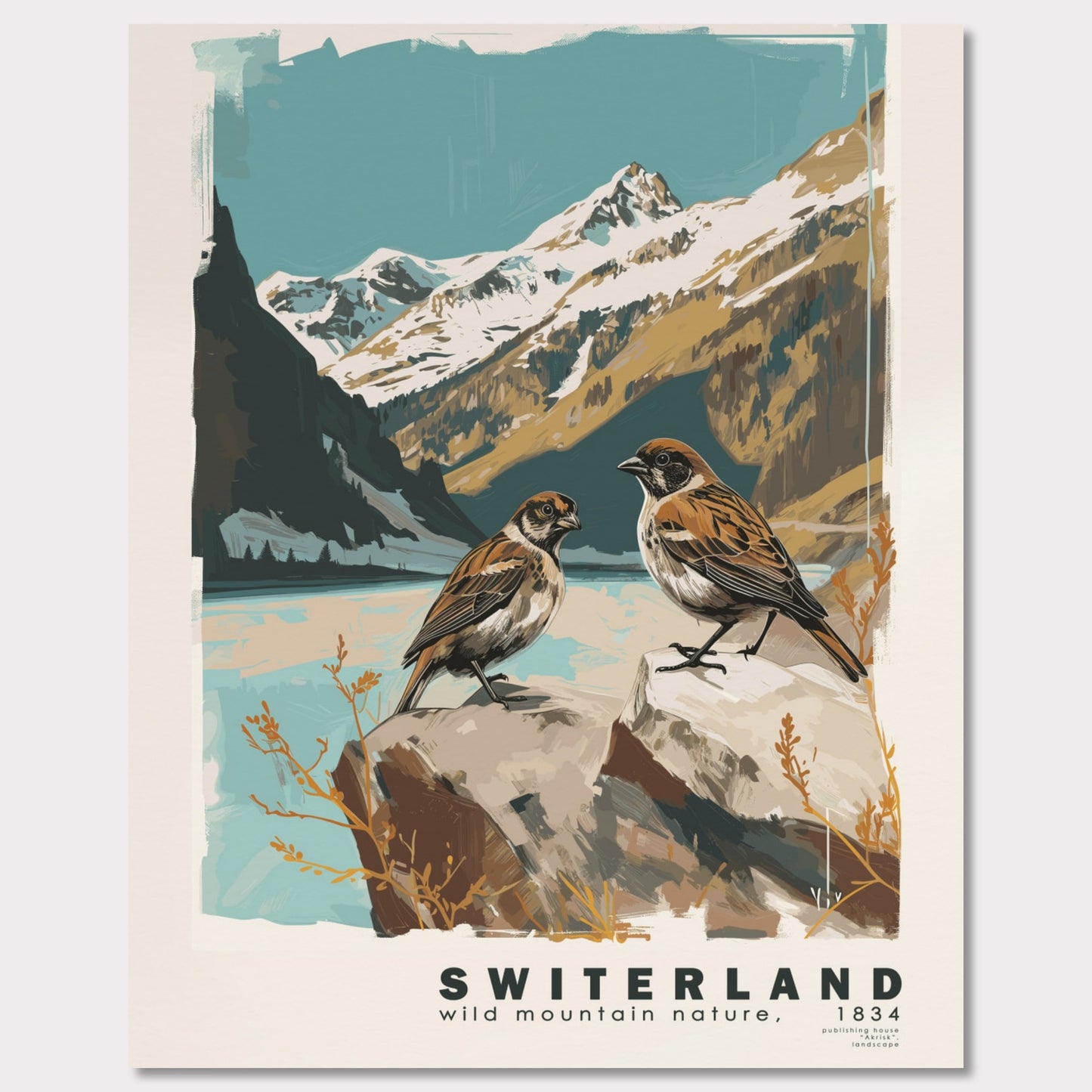Poster titled 'Swiss Landscape with Birds Poster' from ArtDarts
