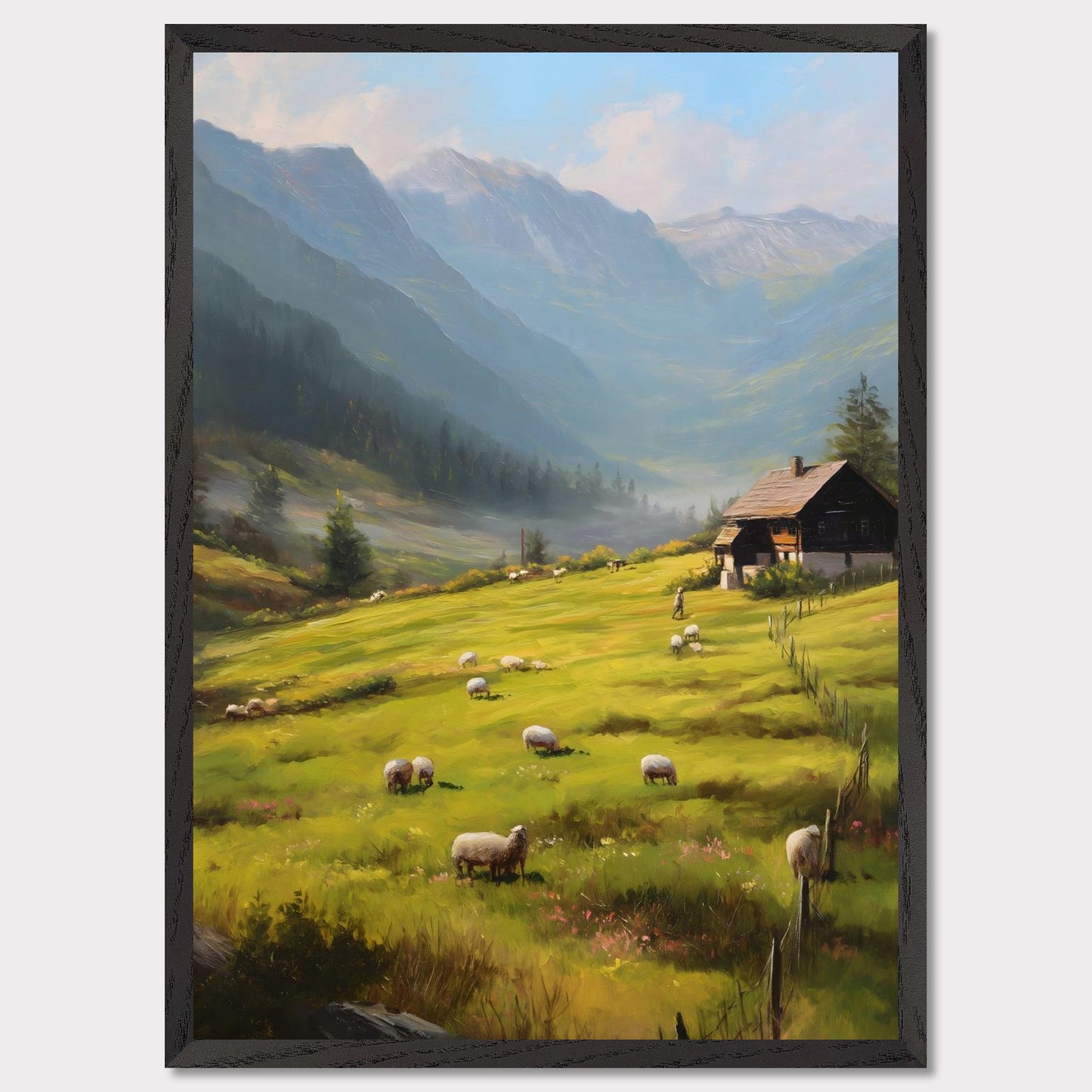 Golden morning light washes over rolling fields as sheep wander freely. A traditional alpine house stands quietly, facing the rising mist among distant peaks. This is the beginning of a calm, purposeful day in the heart of the Alps.