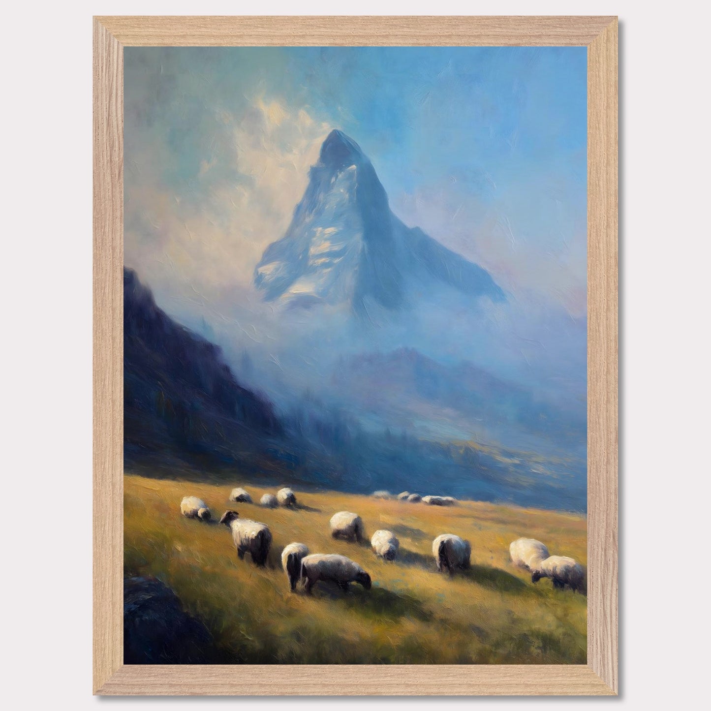 A flock grazes in soft alpine grass as the blue-shadowed Matterhorn rises beyond. Mist curls through the valley’s hush. This image is a gentle morning, an ode to scale, quiet, and presence.