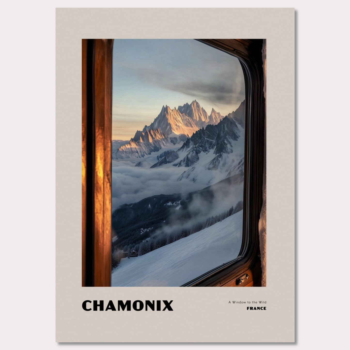 Poster titled 'CHAMONIX. A Window to the Wild' from ArtDarts