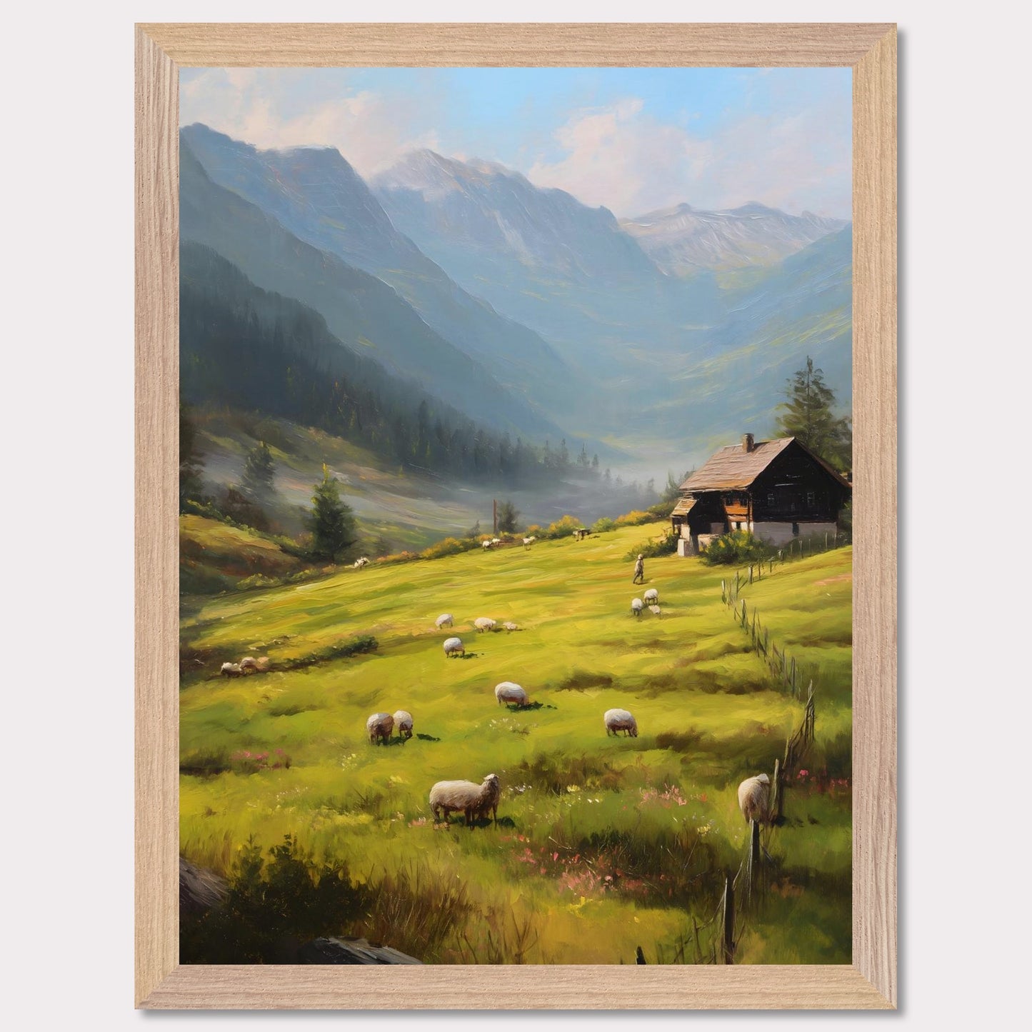 Golden morning light washes over rolling fields as sheep wander freely. A traditional alpine house stands quietly, facing the rising mist among distant peaks. This is the beginning of a calm, purposeful day in the heart of the Alps.