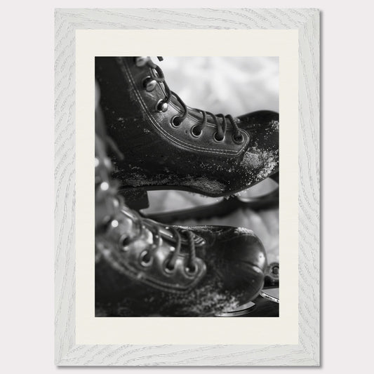 This illustration shows a close-up of a pair of ice skates with laces and blades, featuring a frosty texture. The black-and-white image captures the details of the skates, emphasizing their rugged and worn appearance.