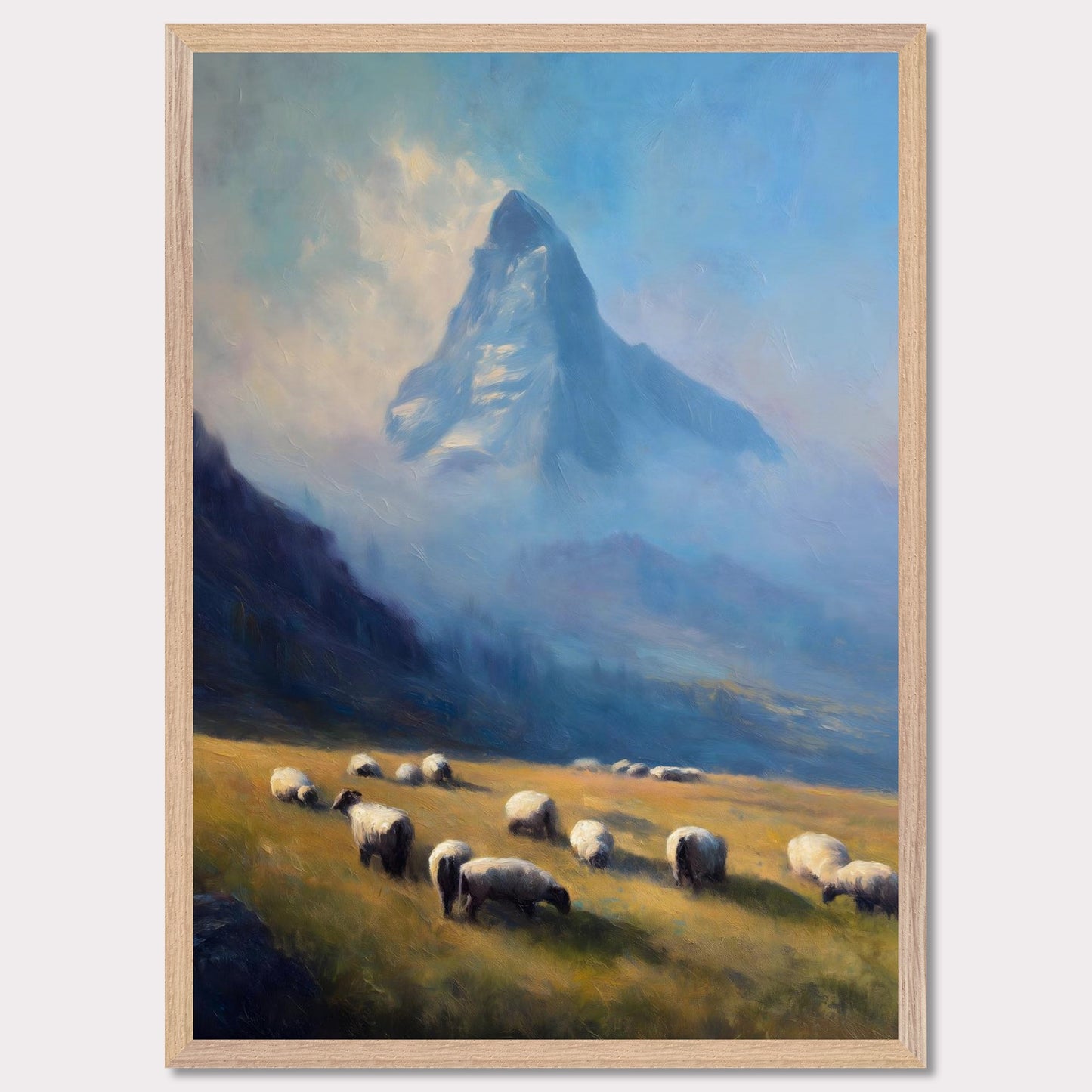 A flock grazes in soft alpine grass as the blue-shadowed Matterhorn rises beyond. Mist curls through the valley’s hush. This image is a gentle morning, an ode to scale, quiet, and presence.
