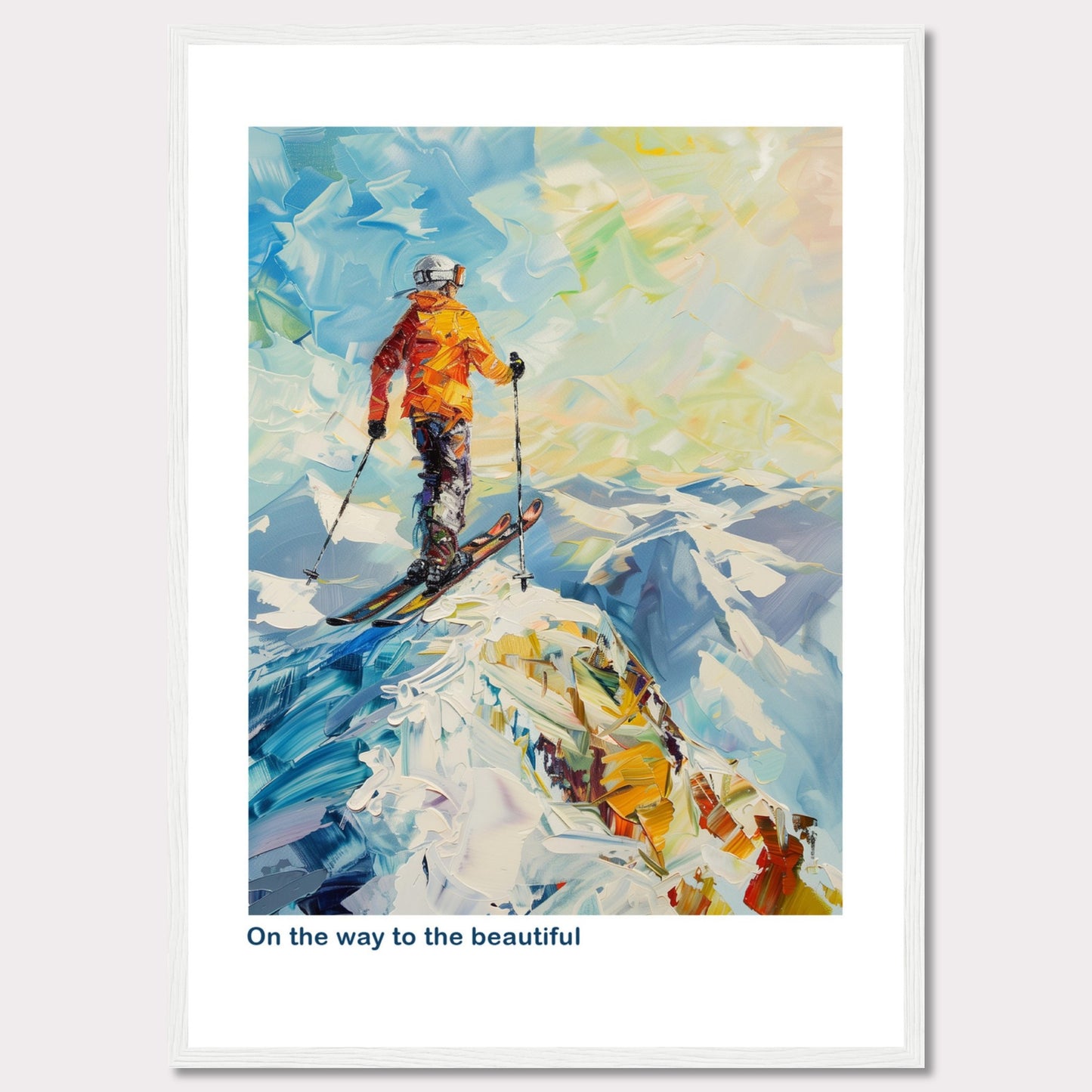 This vibrant painting captures a skier standing at the peak of a snowy mountain, ready to descend. The skier is dressed in an orange jacket and helmet, holding ski poles. The background features a stunning array of colors depicting the sky and distant mountains.