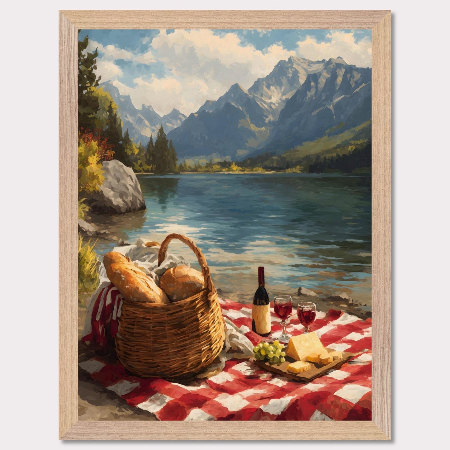 A checkered blanket lies beside a glistening lake, topped with fresh bread, wine, cheese, and grapes. Behind it all, towering mountains create a breathtaking backdrop. The scene celebrates indulgence, nature, and the timeless art of slowing down.