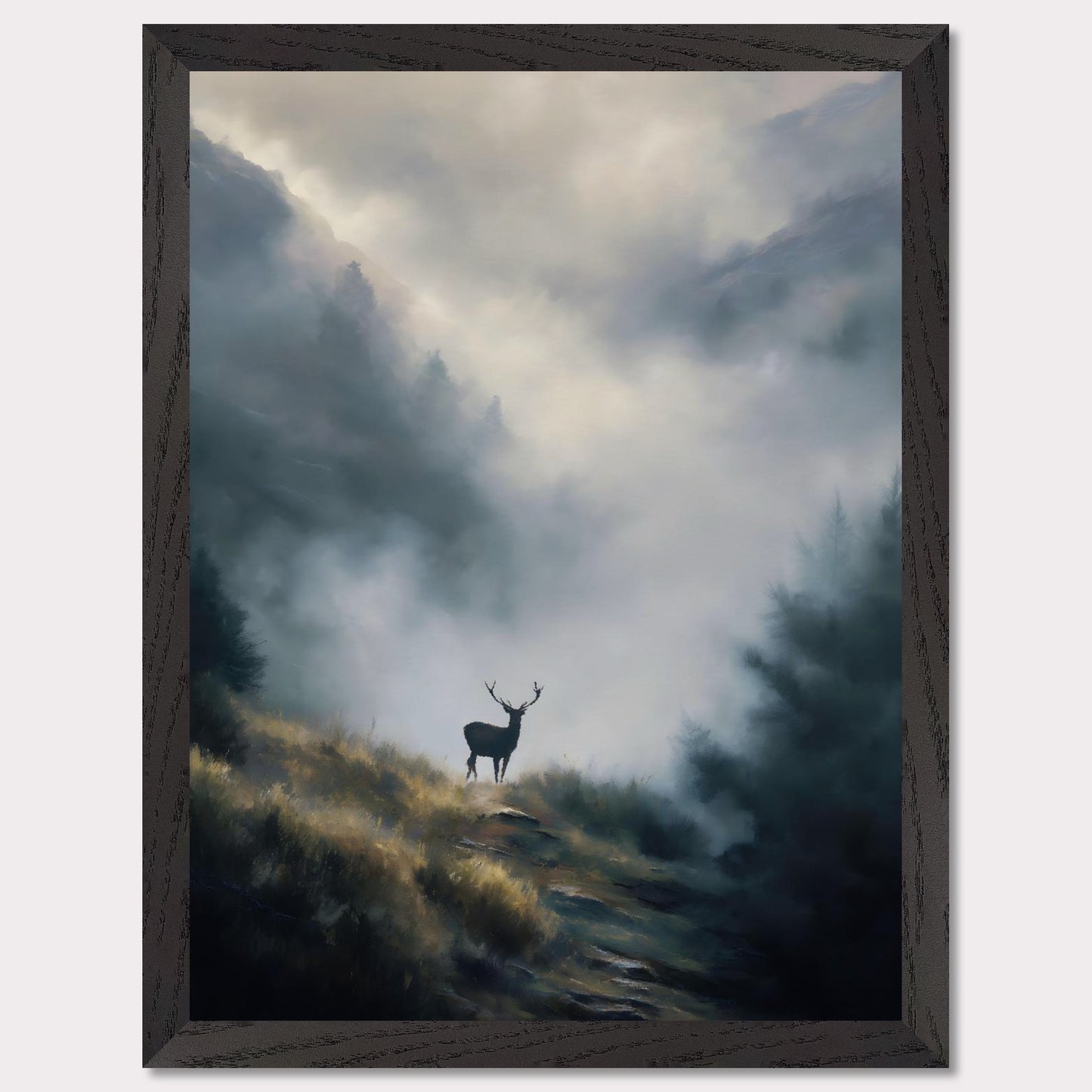 A lone stag stands poised on a highland ridge, where golden grass fades into rising fog. Pines and peaks dissolve into the mist, leaving the deer still and sovereign against the silence. This image is a quiet breath — an ode to wilderness, majesty, and mystery.