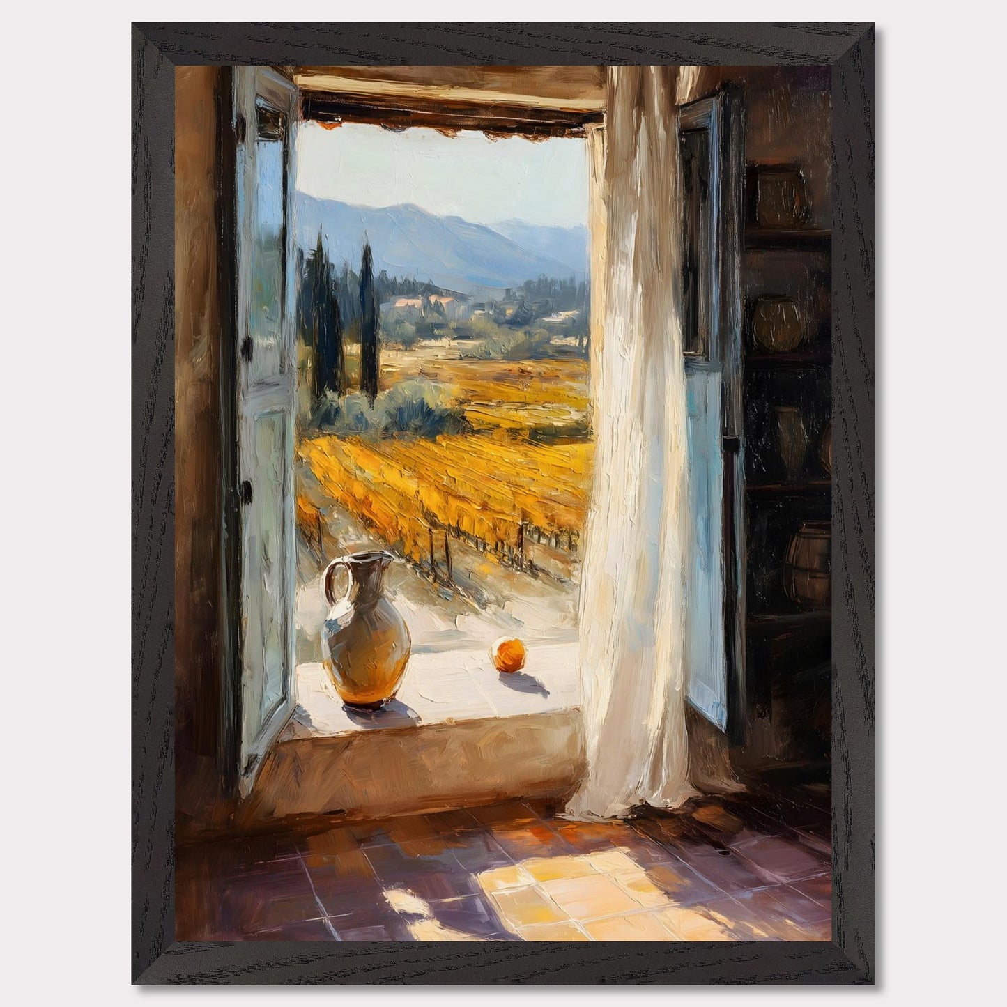 An open shutter reveals golden rows of vineyard glowing in afternoon light. A jug and fruit rest on the sill, as if waiting for someone to return. This image is a sunlit breath, an ode to harvest, pause, and place.