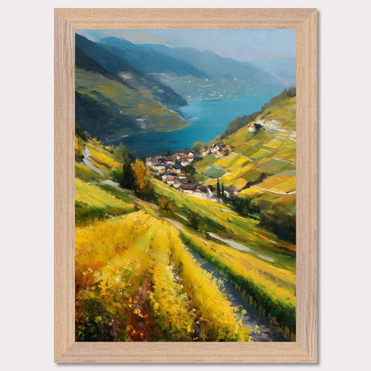 Golden vineyards sweep down steep hills toward a quiet lake village. The water shimmers like a mirror between blue ridges. This image is a flowing hillside, an ode to light, labor, and view.