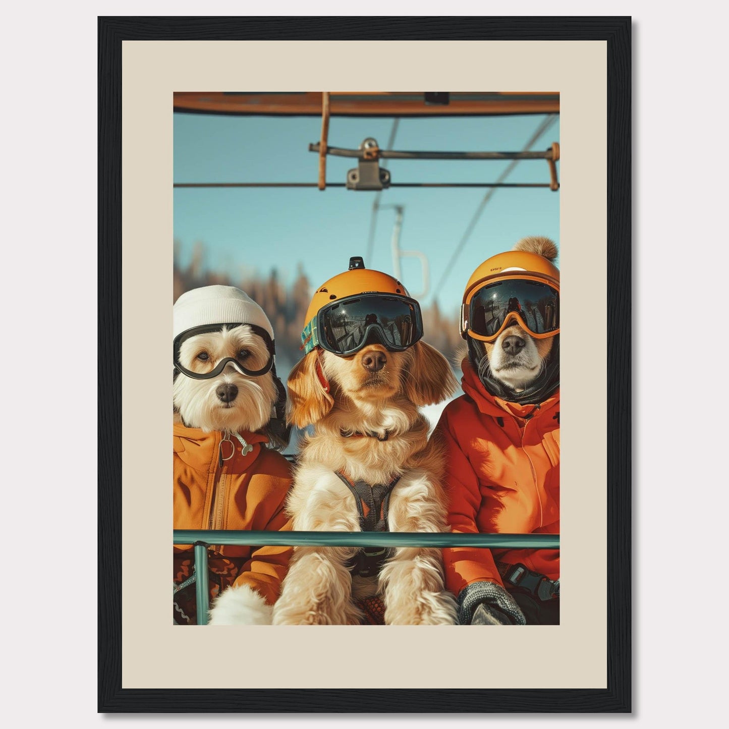 This charming photo features three adorable dogs dressed in winter gear, complete with helmets and goggles, enjoying a ride on a ski lift. The bright blue sky and snowy background add to the fun and adventurous atmosphere.