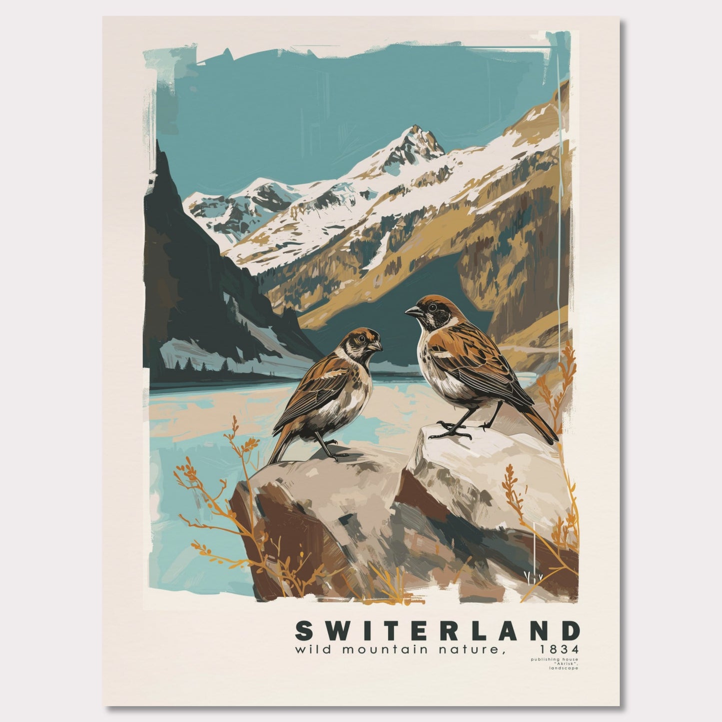 Poster titled 'Swiss Landscape with Birds Poster' from ArtDarts