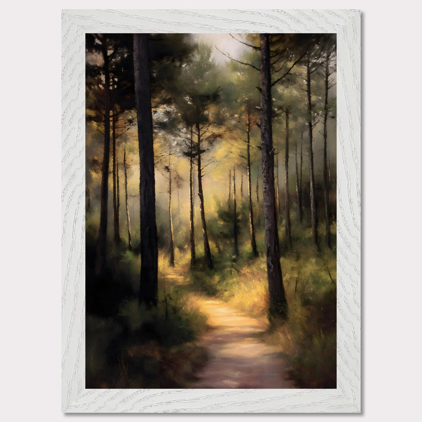 A sunlit forest trail winds through tall trees, their trunks casting long shadows across the mossy ground. Light spills softly in the distance, inviting steps forward into peace. This is not a destination — it's a journey into serenity.