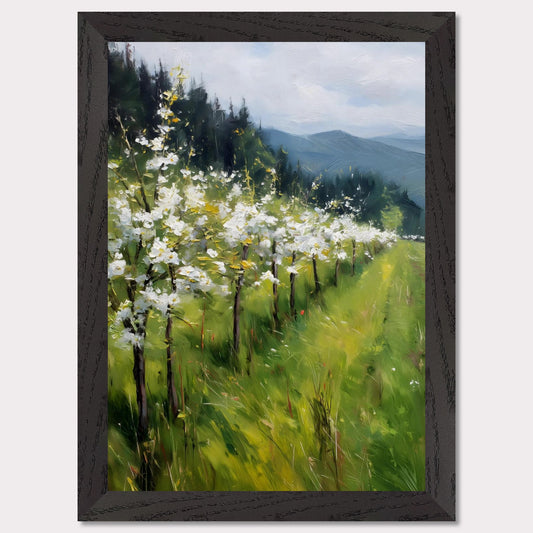 Blossoming trees line a sloped meadow, shining with spring energy. Their petals catch the light like snowflakes, while behind them rise forested hills and soft mountain silhouettes. The air feels fresh, alive, and full of renewal.