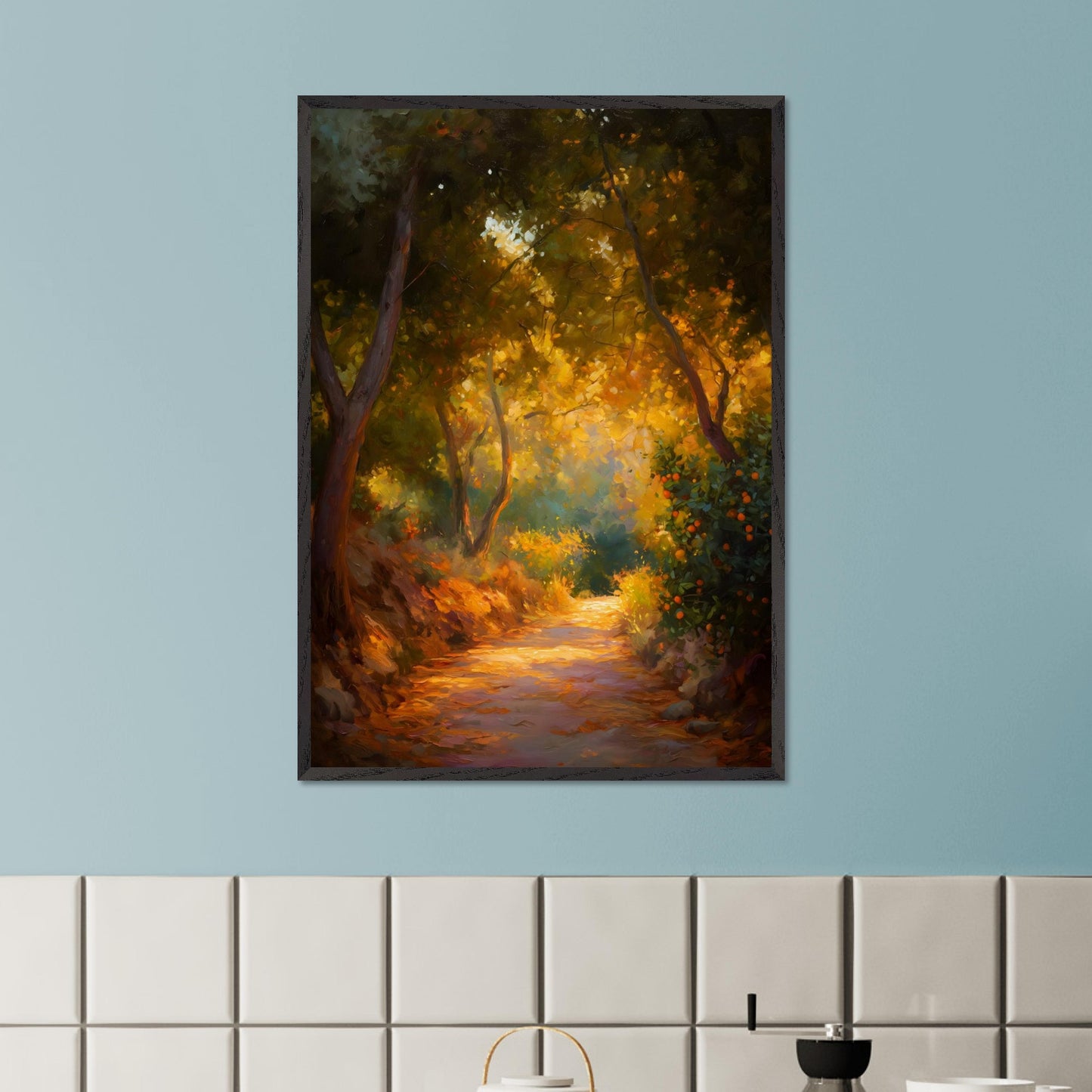 Golden leaves and oranges glow in a forested bend, where light pours through branches onto a dusty path. The trees seem to lean in to listen. This image is a slow walk, an ode to scent, light, and memory.