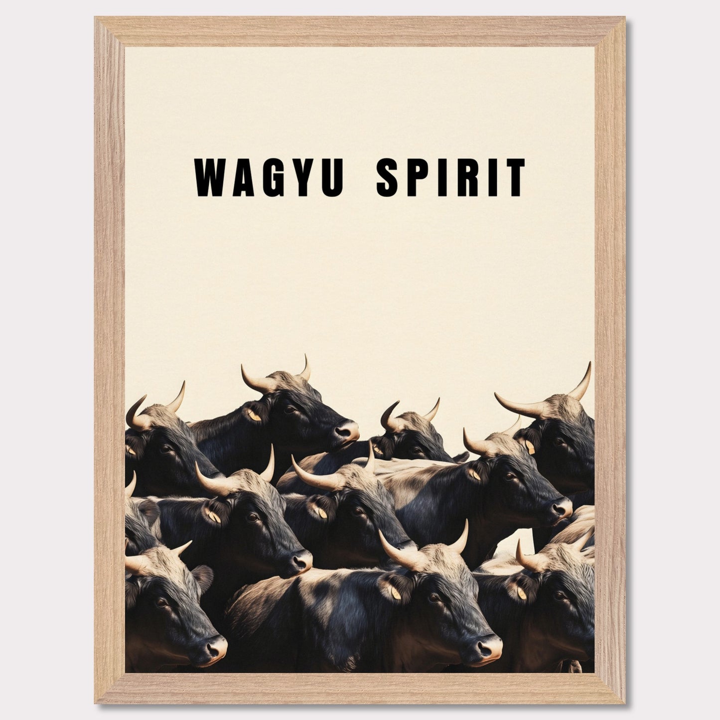 This illustration shows a group of black cattle with horns, set against a light background. The text "WAGYU SPIRIT" is prominently displayed at the top.
This poster will fit well in a kitchen, dining area, restaurant, or any space related to food and culinary arts.