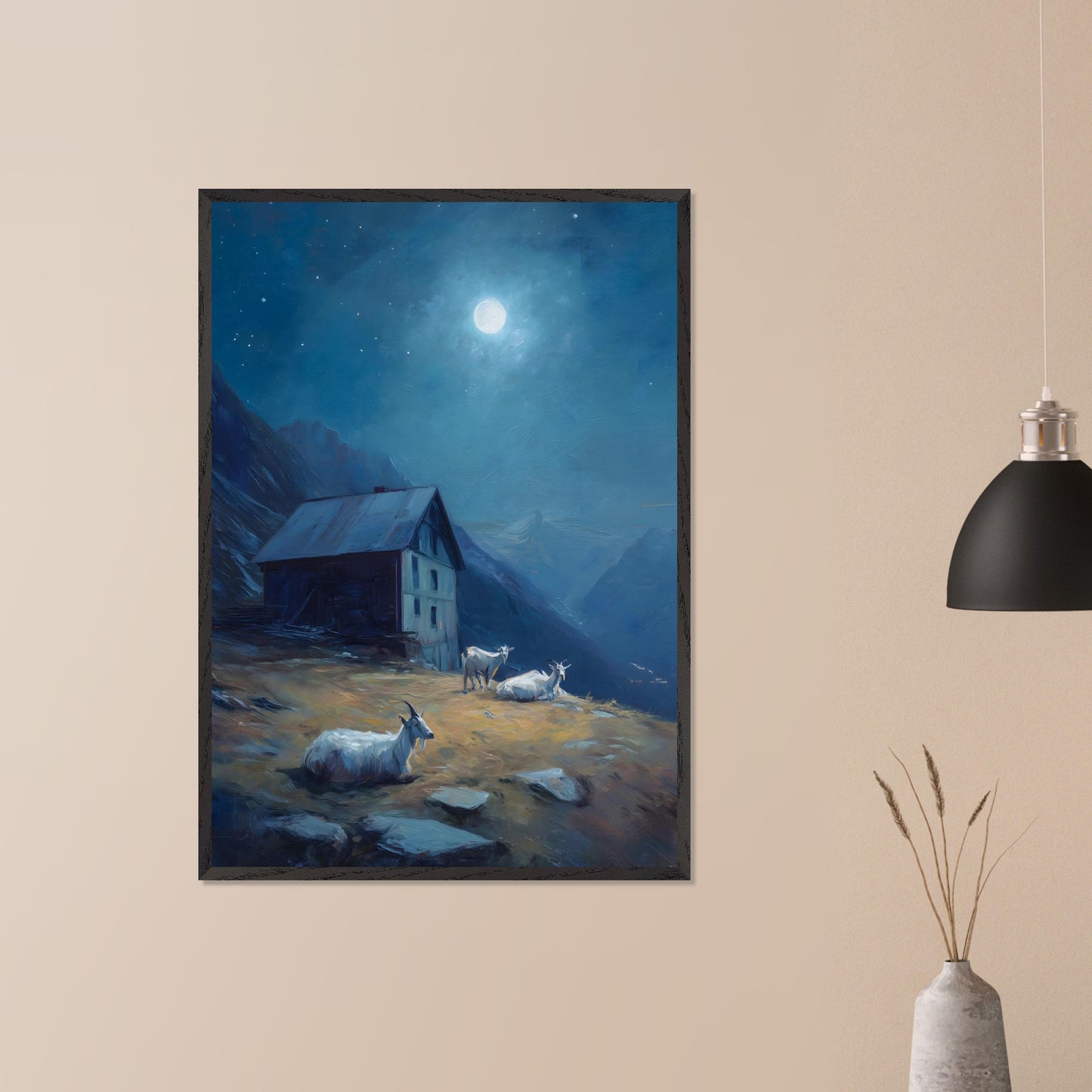 Under a deep blue sky scattered with stars, a mountain slope glows with soft amber light. Goats roam quietly near a rustic alpine hut. This is a portrait of calm routine under a grand sky — both humble and cosmic.