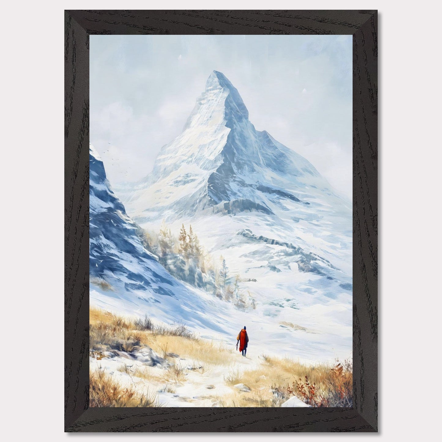 A solitary traveler in red walks toward a towering alpine peak, its icy edges kissed by winter sun. The snow-laced slope opens to a vast, crystalline silence, where motion feels reverent. This image captures the awe of ascent — a tribute to scale, solitude, and stillness.