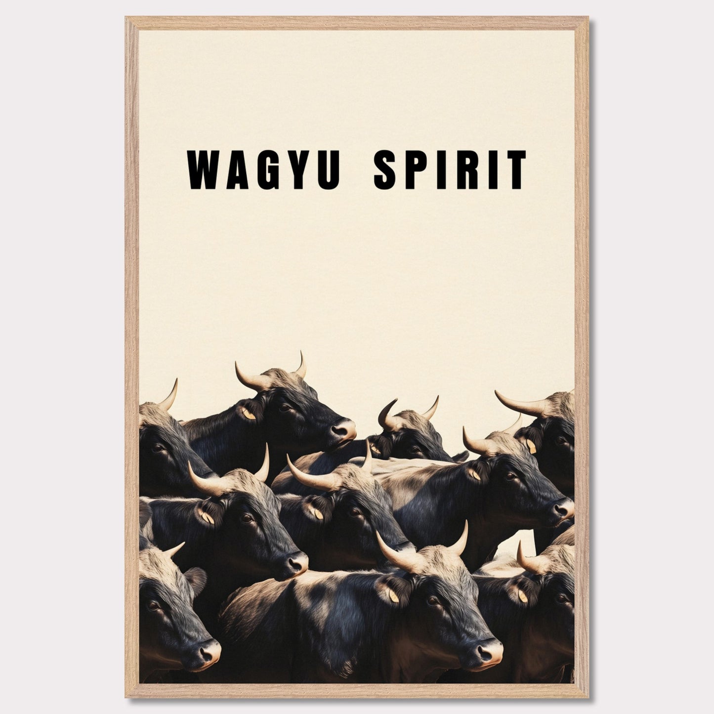 This illustration shows a group of black cattle with horns, set against a light background. The text "WAGYU SPIRIT" is prominently displayed at the top.
This poster will fit well in a kitchen, dining area, restaurant, or any space related to food and culinary arts.