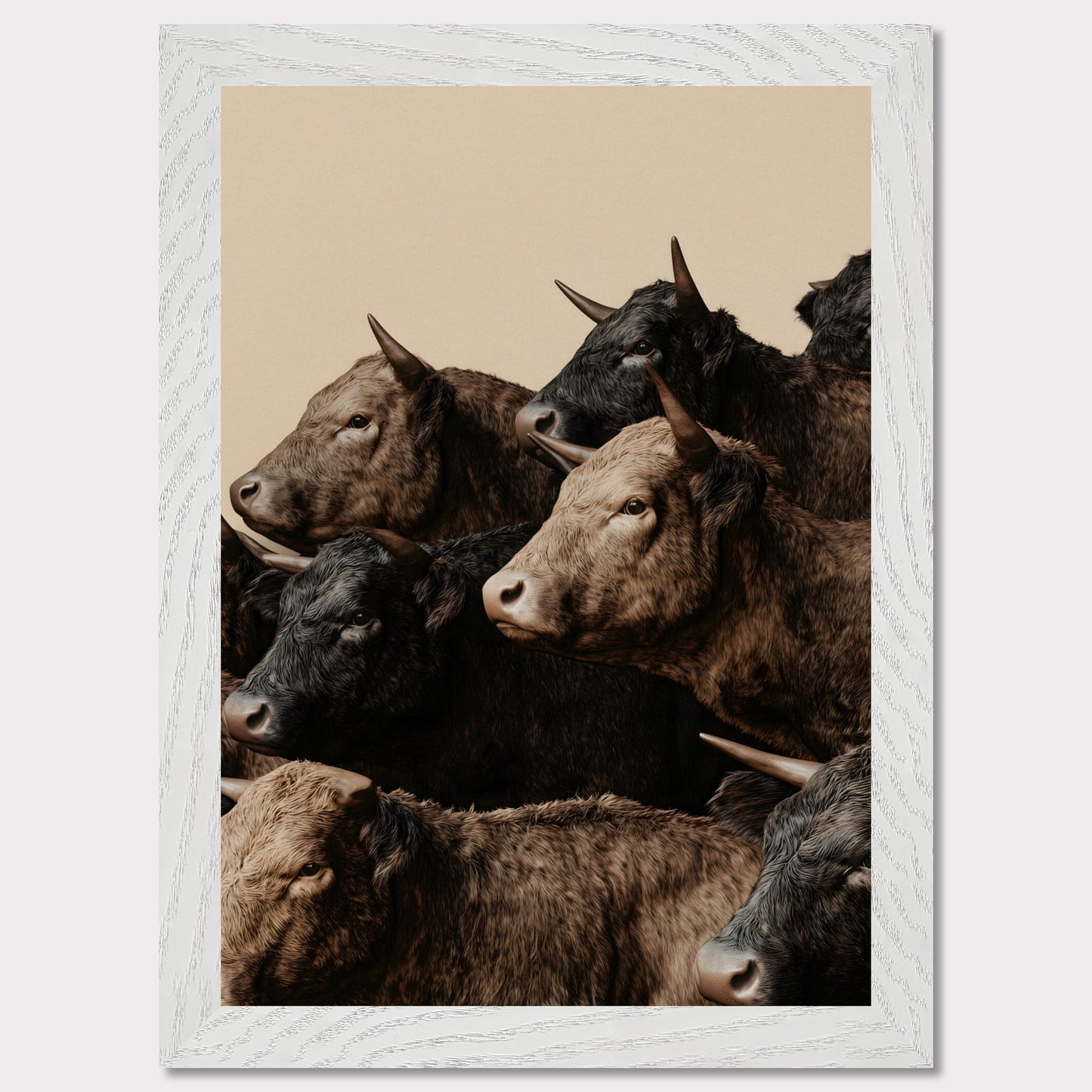 This illustration depicts a group of oxen with varying shades of brown and black fur, closely packed together against a plain beige background.
This poster will fit well in rustic or farmhouse-style interiors, animal-themed spaces, or art collections focusing on wildlife.