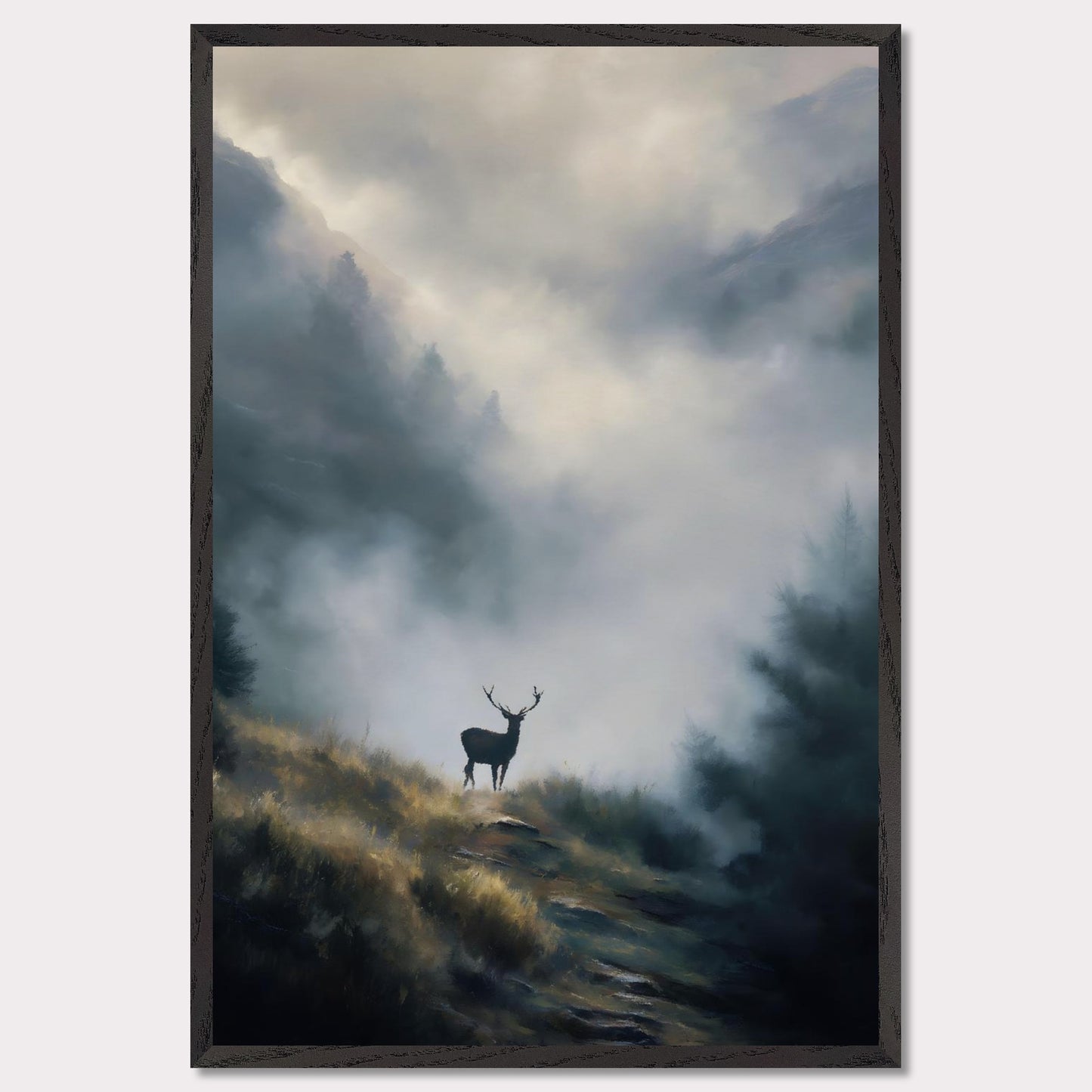 A lone stag stands poised on a highland ridge, where golden grass fades into rising fog. Pines and peaks dissolve into the mist, leaving the deer still and sovereign against the silence. This image is a quiet breath — an ode to wilderness, majesty, and mystery.