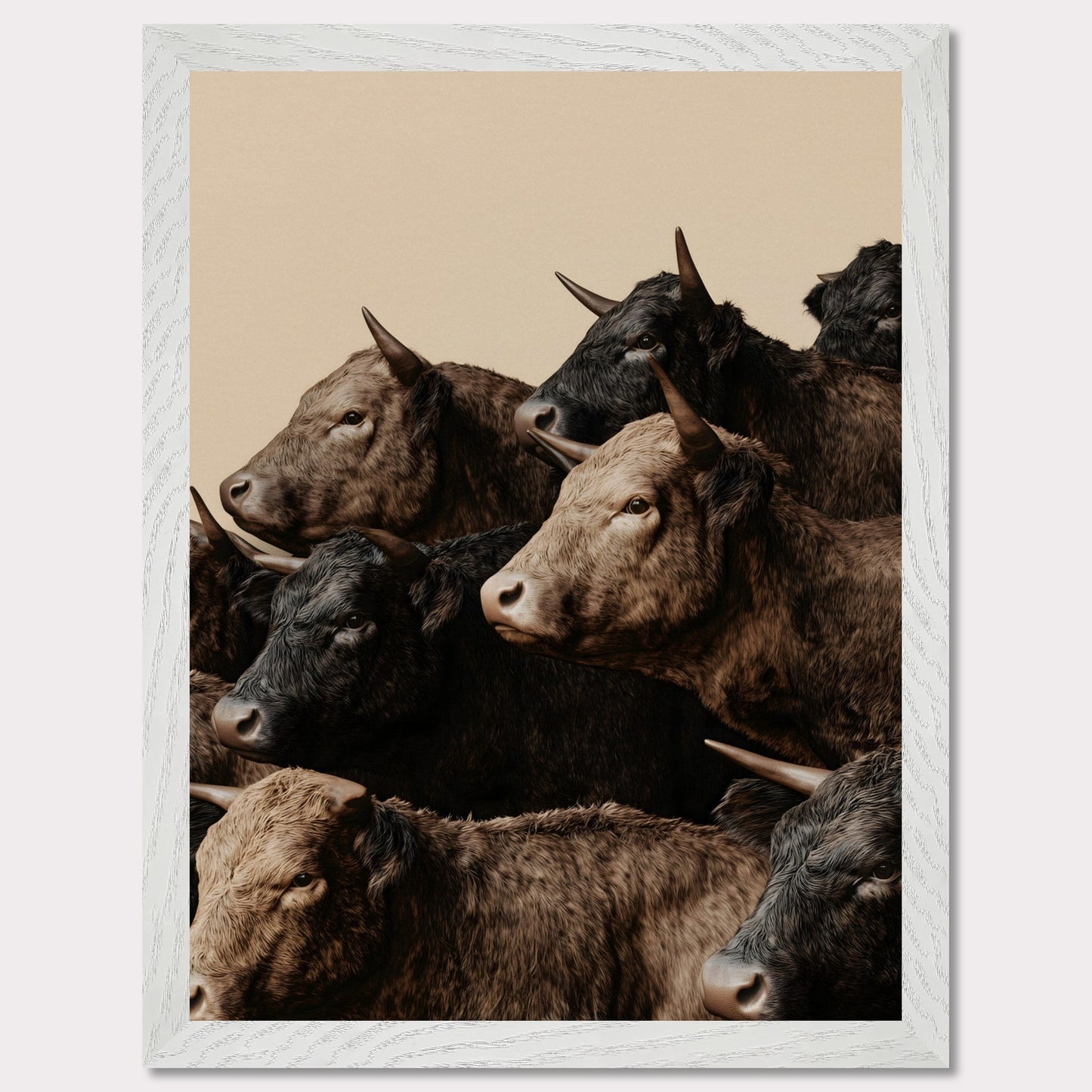 This illustration depicts a group of oxen with varying shades of brown and black fur, closely packed together against a plain beige background.
This poster will fit well in rustic or farmhouse-style interiors, animal-themed spaces, or art collections focusing on wildlife.